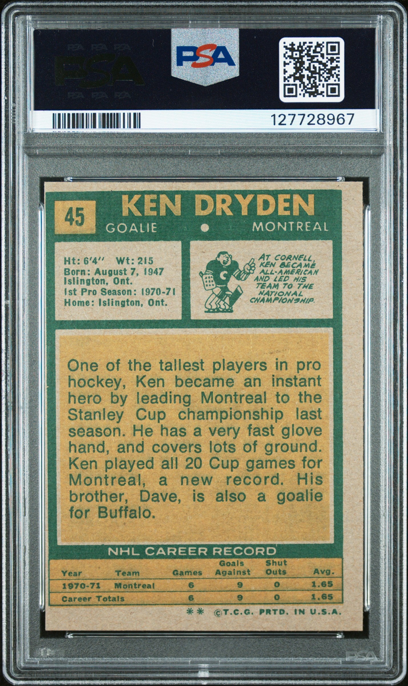 Ken Dryden 1971 Topps Rookie #45 PSA 9 Mint OC
