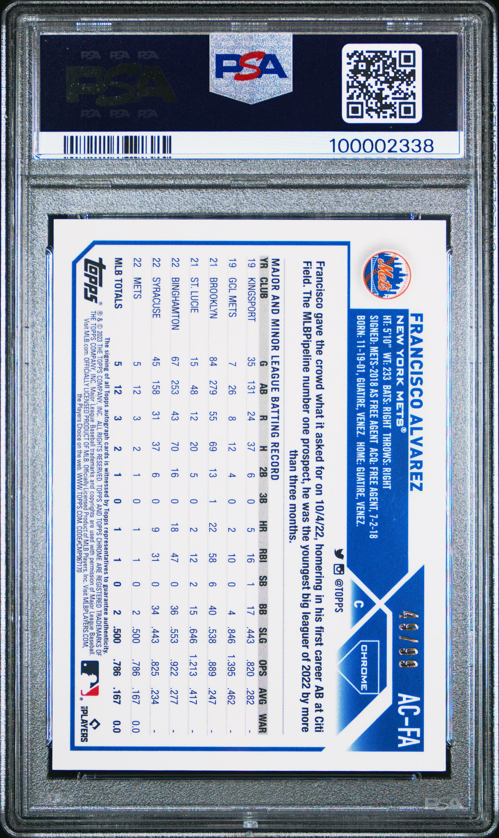 Francisco Alvarez 2023 Topps Chrome Update Green Refractor Auto #49/99 PSA 9 Mint