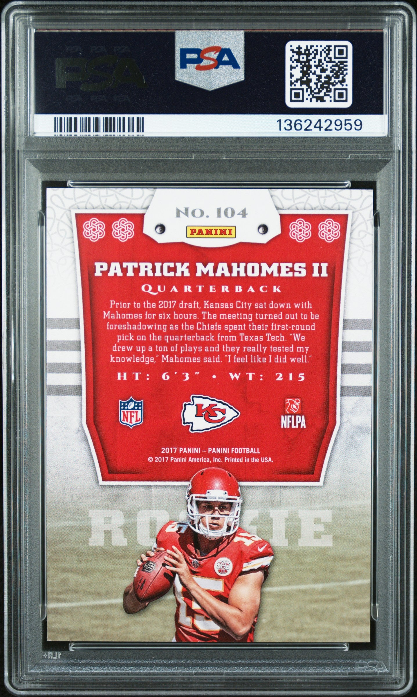Patrick Mahomes 2017 Panini Rookie #104 PSA 9 Mint 2959