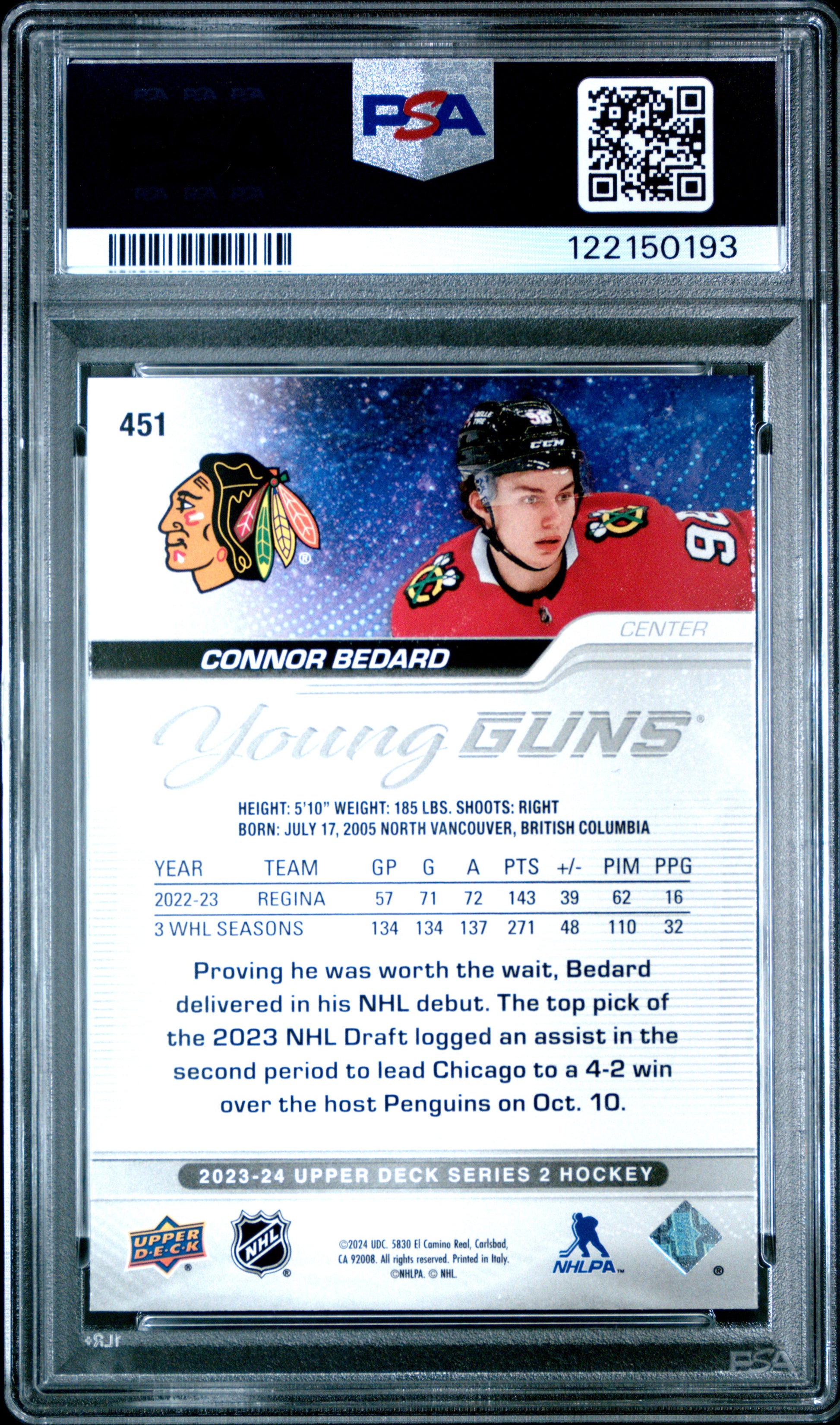 Connor Bedard 2003 Upper Deck Rookie #451 PSA 10 Gem Mint 0193