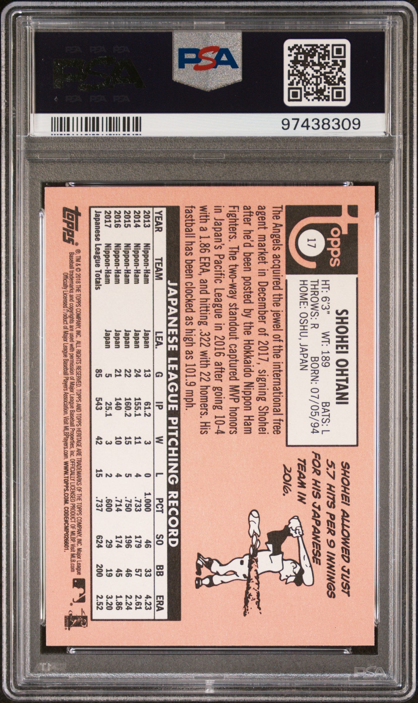 Shohei Ohtani 2018 Topps Heritage Rookie #17 Action PSA 9 Mint