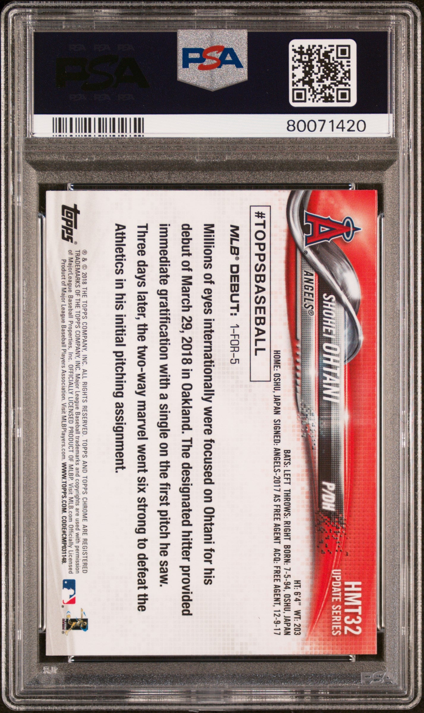 Shohei Ohtani 2018 Topps Chrome Update #HMT32 PSA 10 Gem Mint 1420