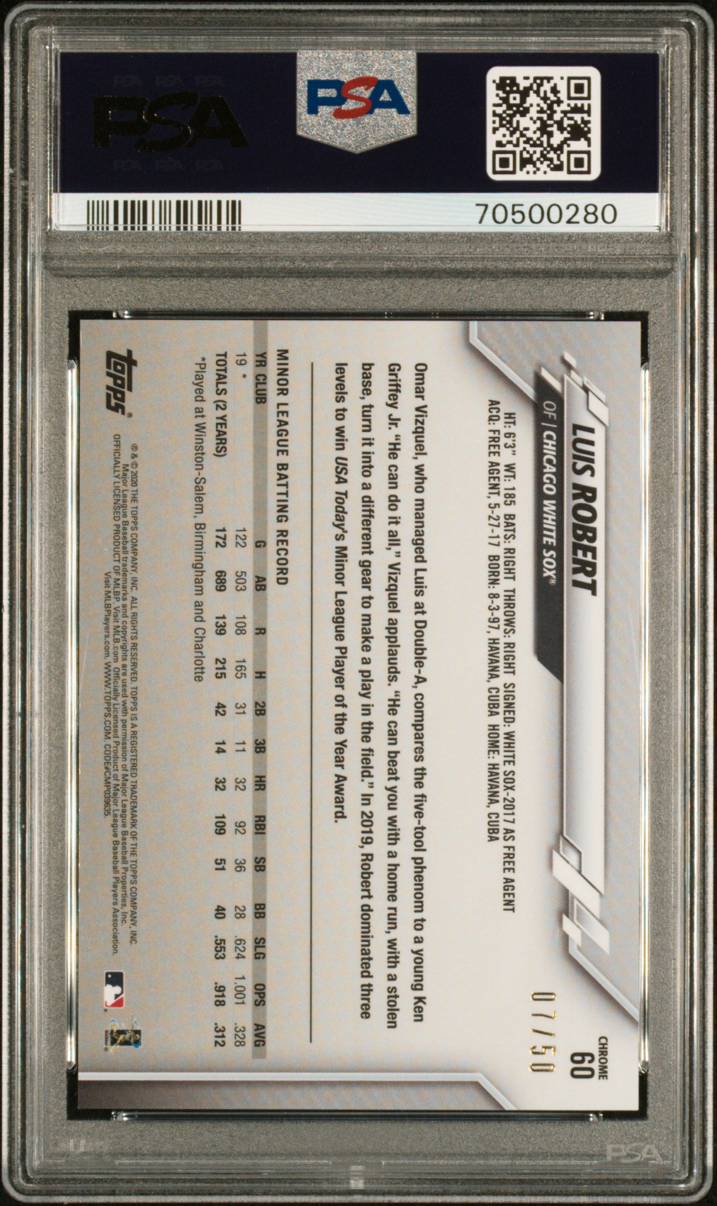 Luis Robert 2020 Topps Chrome SP Gold Refractor #7/50 PSA 10 Gem Mint