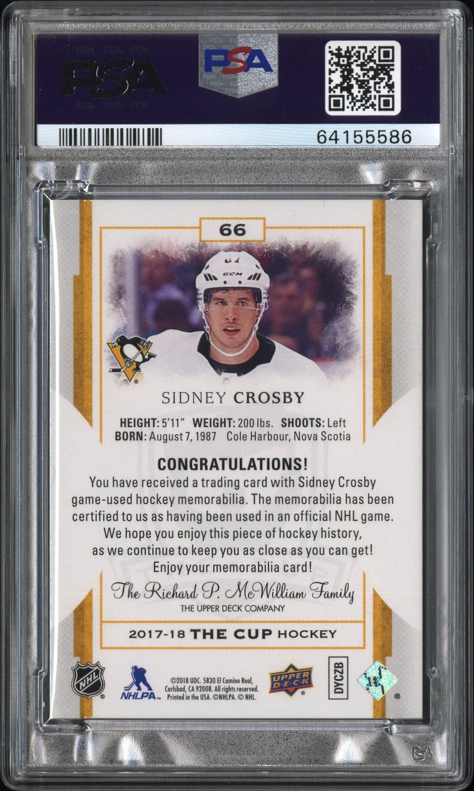 Sidney Crosby 2017 Upper Deck The Cup Red Foil Tag #4/4 PSA 8 Nm-Mint