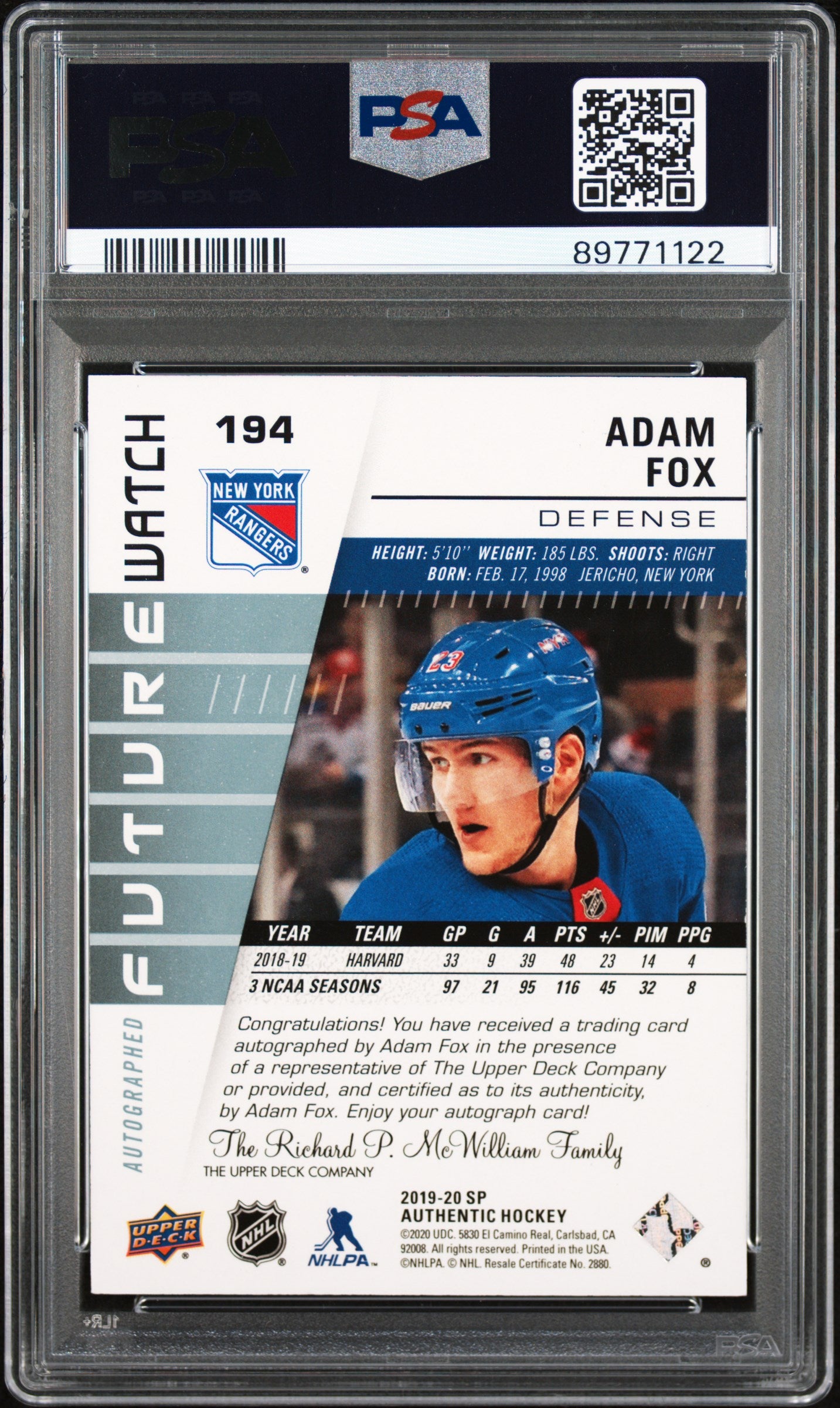 Adam Fox 2019 SP Authentic Futre Watch Autograph #274/999 PSA 9 Mint