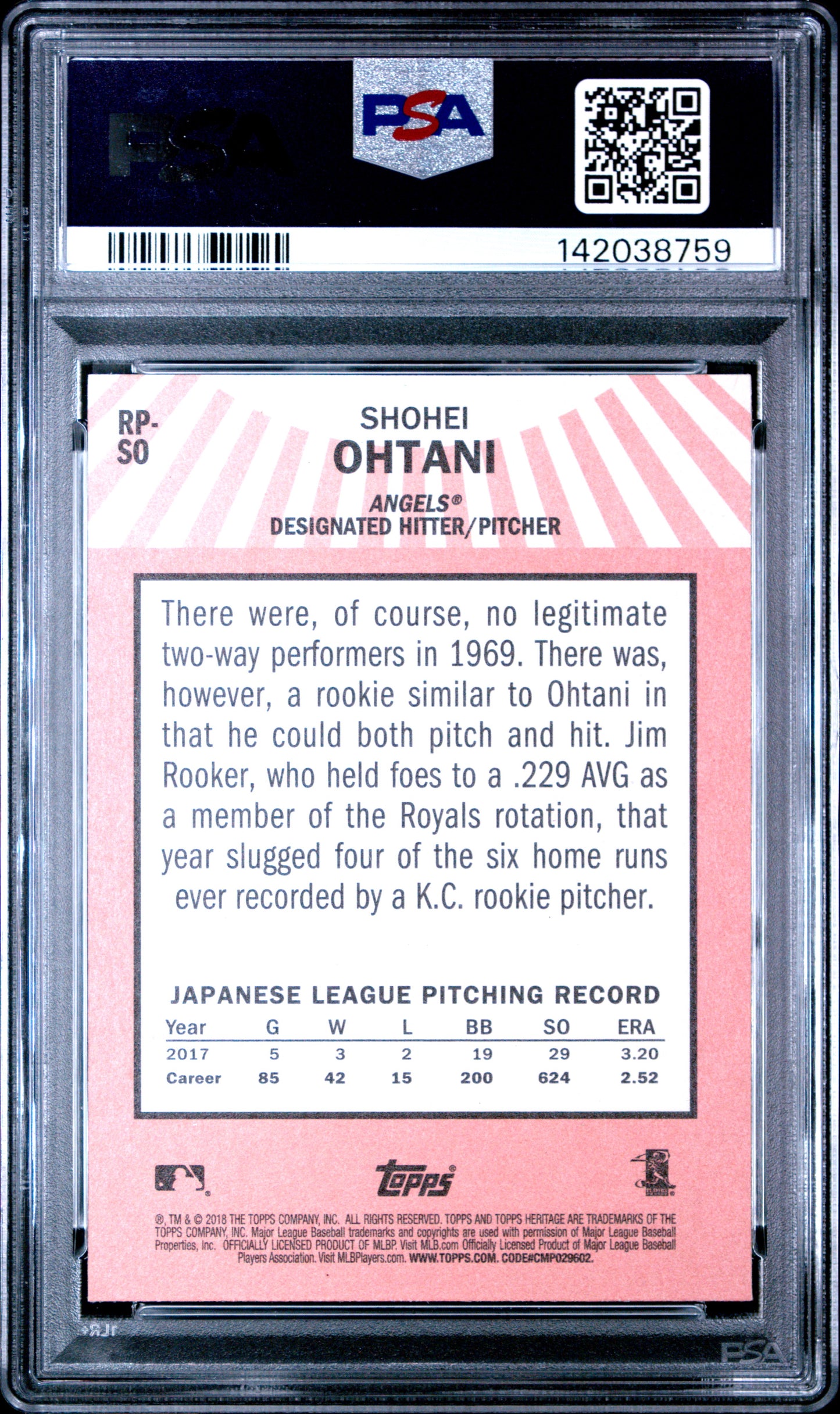 Shohei Ohtani 2018 Topps Heritage Rookie Performers PSA 10 Gem Mint 8759
