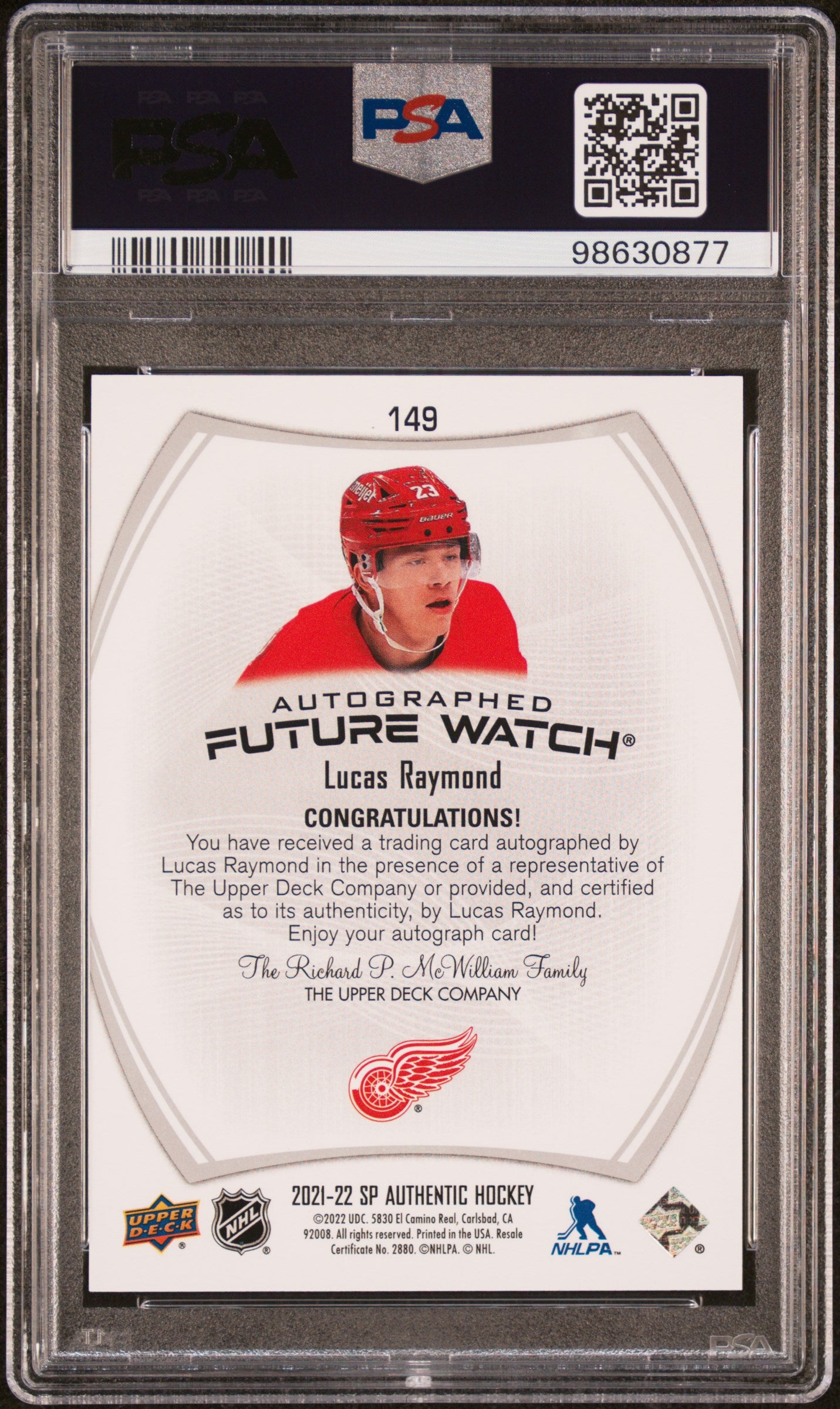 Lucas Raymond 2021 Upper Deck SP Authentic Auto #265/999 PSA 10 Gem Mint