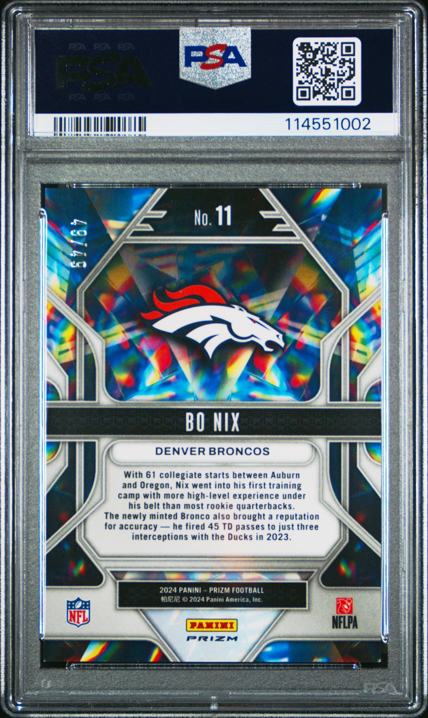 Bo Nix 2024 Panini Prizm Prizmatic Purple Power #49/49 PSA 9 Mint