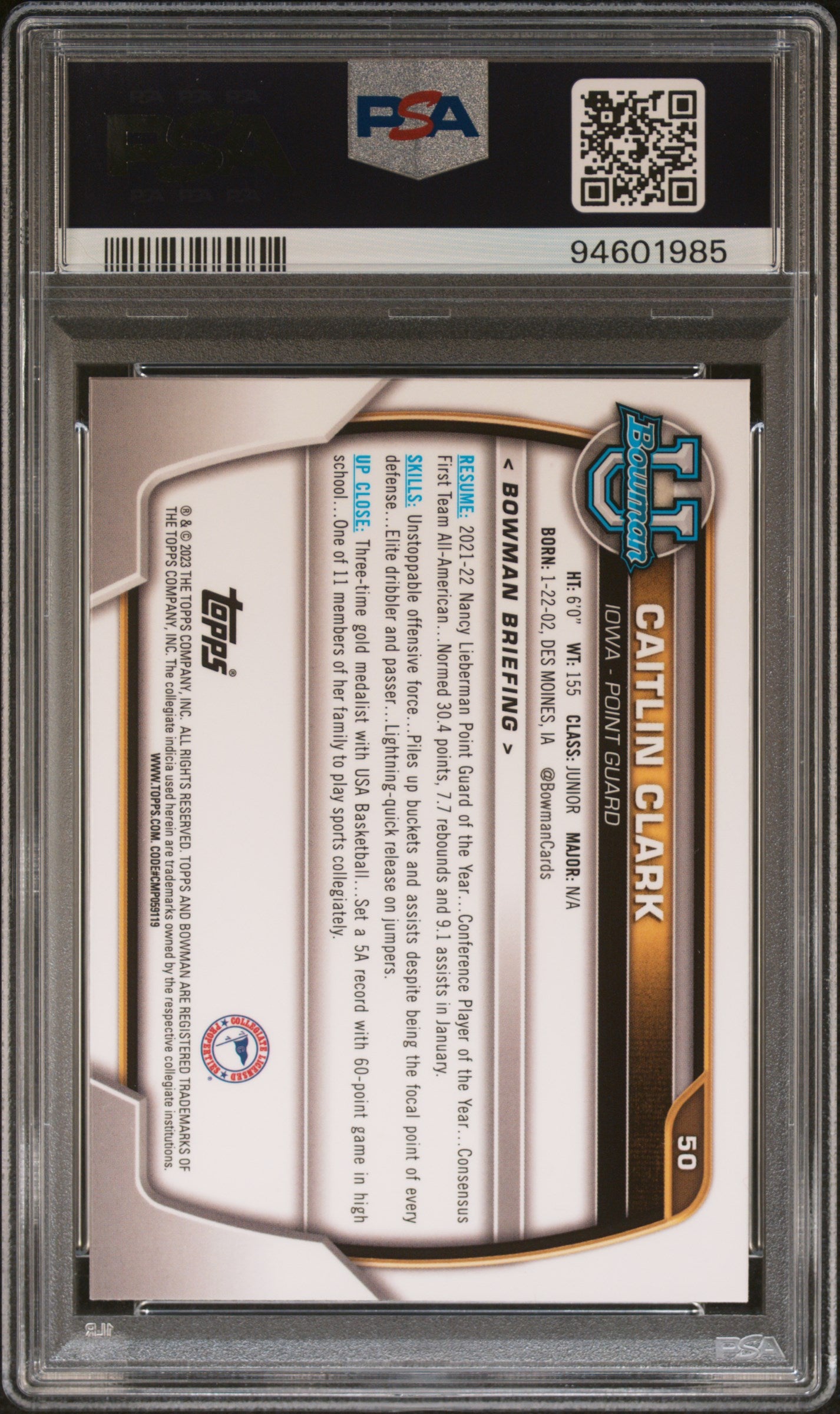 Caitlin Clark 2022 Bowman Chrome University Pink Refractor #50 PSA 10 Gem Mint