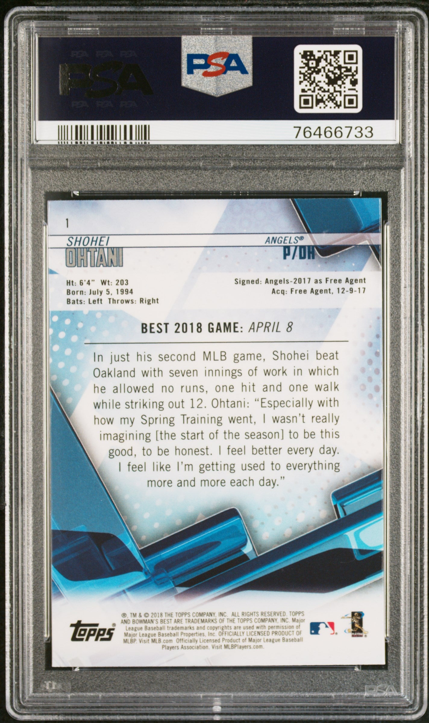 Shohei Ohtani 2018 Bowmans Best Rookie #1 PSA 10 Gem Mint