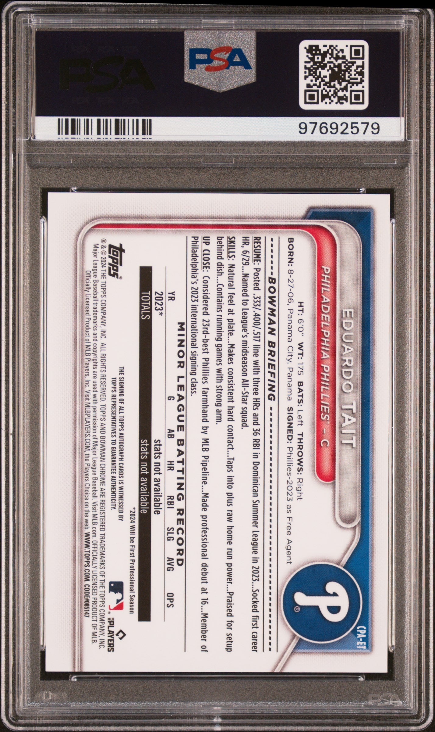 Eduardo Tait 2024 Bowman Chrome Aautograph PSA 10 Auto 10