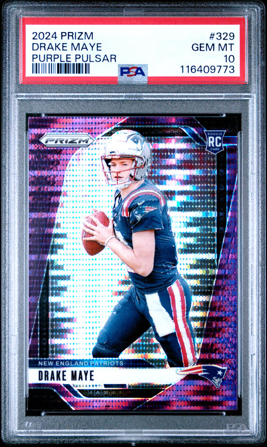Drake Maye 2024 Panini Prizm Rookie #329 Purple Pulsar PSA 10 Gem Mint