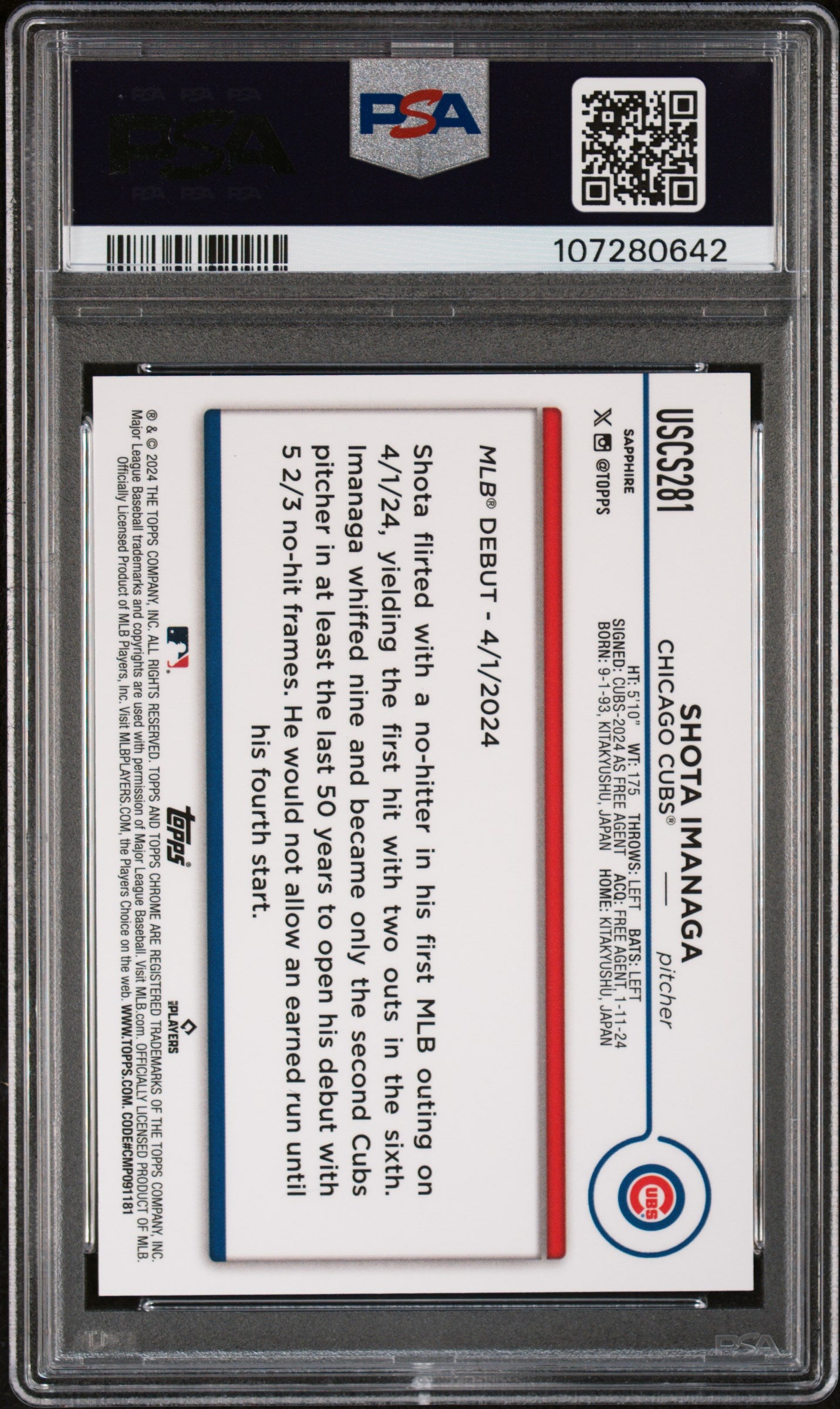Shota Imanaga 2024 TOpps Chrome Update Sapphire Black #2/10 PSA 9 Mint