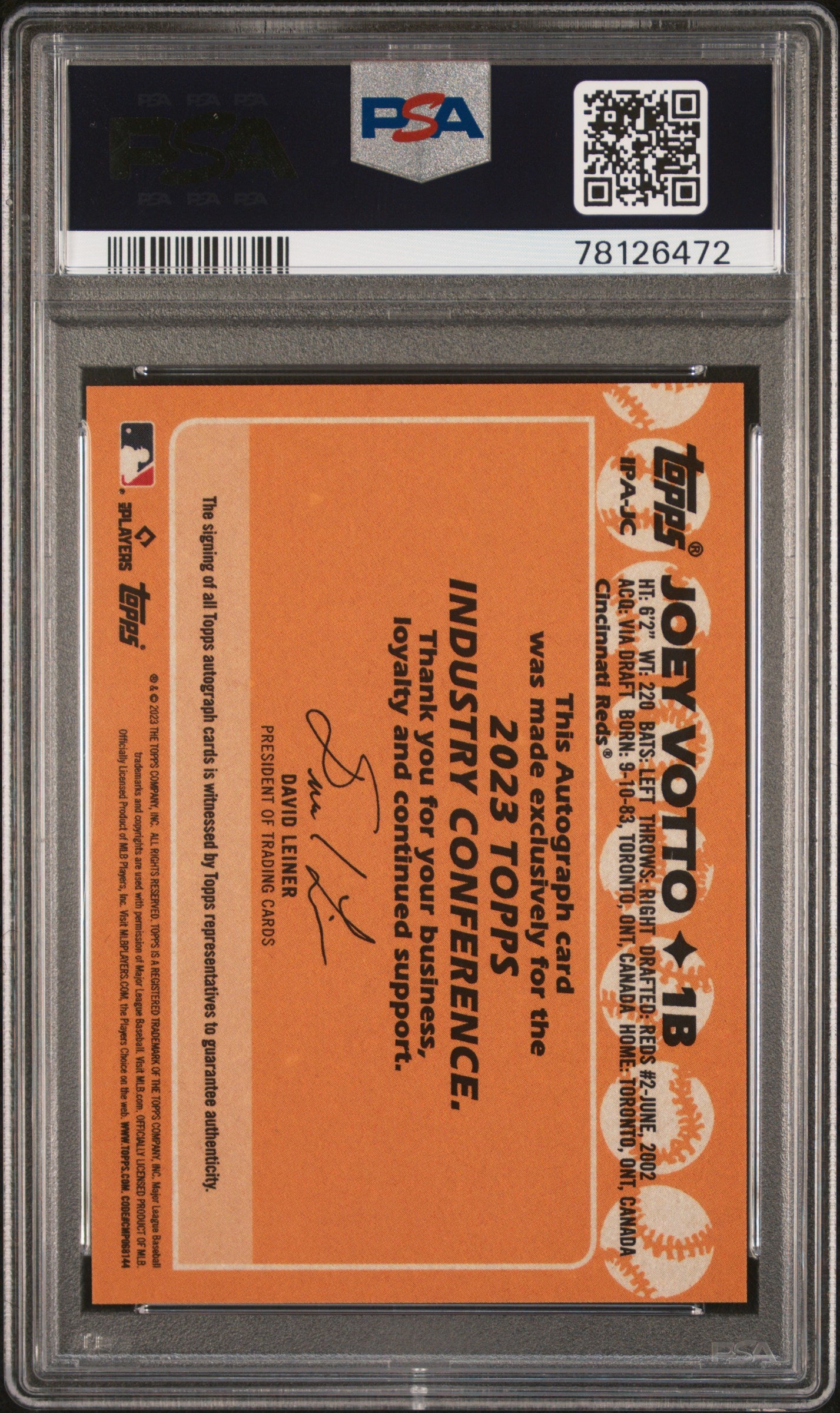 Joey Votto 2023 Topps Industry Conference Auto PSA 10 Gem Mint