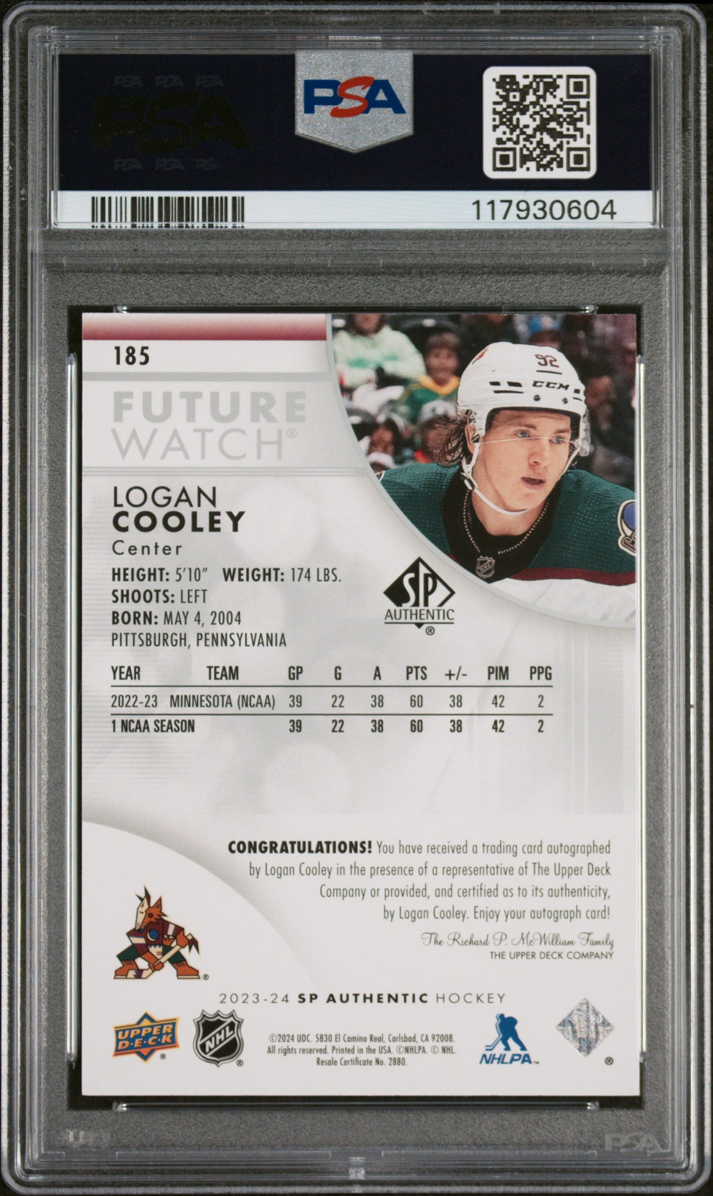 Logan Cooley 2023 SP Authentic Rookie Auto #871/999 PSA 10 Gem Mint