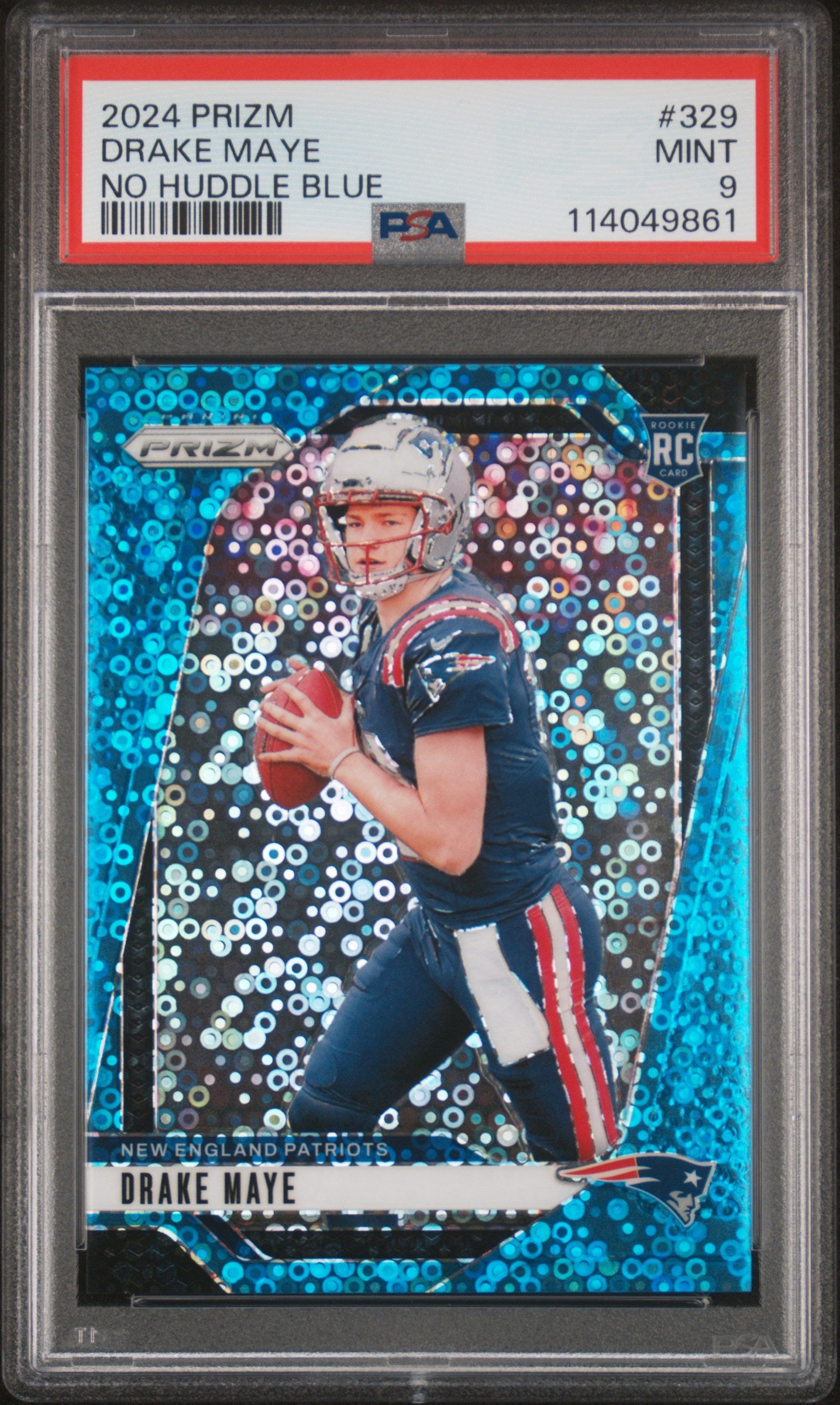 Drake Maye 2024 Panini Prizm Rookie #329 No Huddle Blue #62/99 PSA 9 Mint
