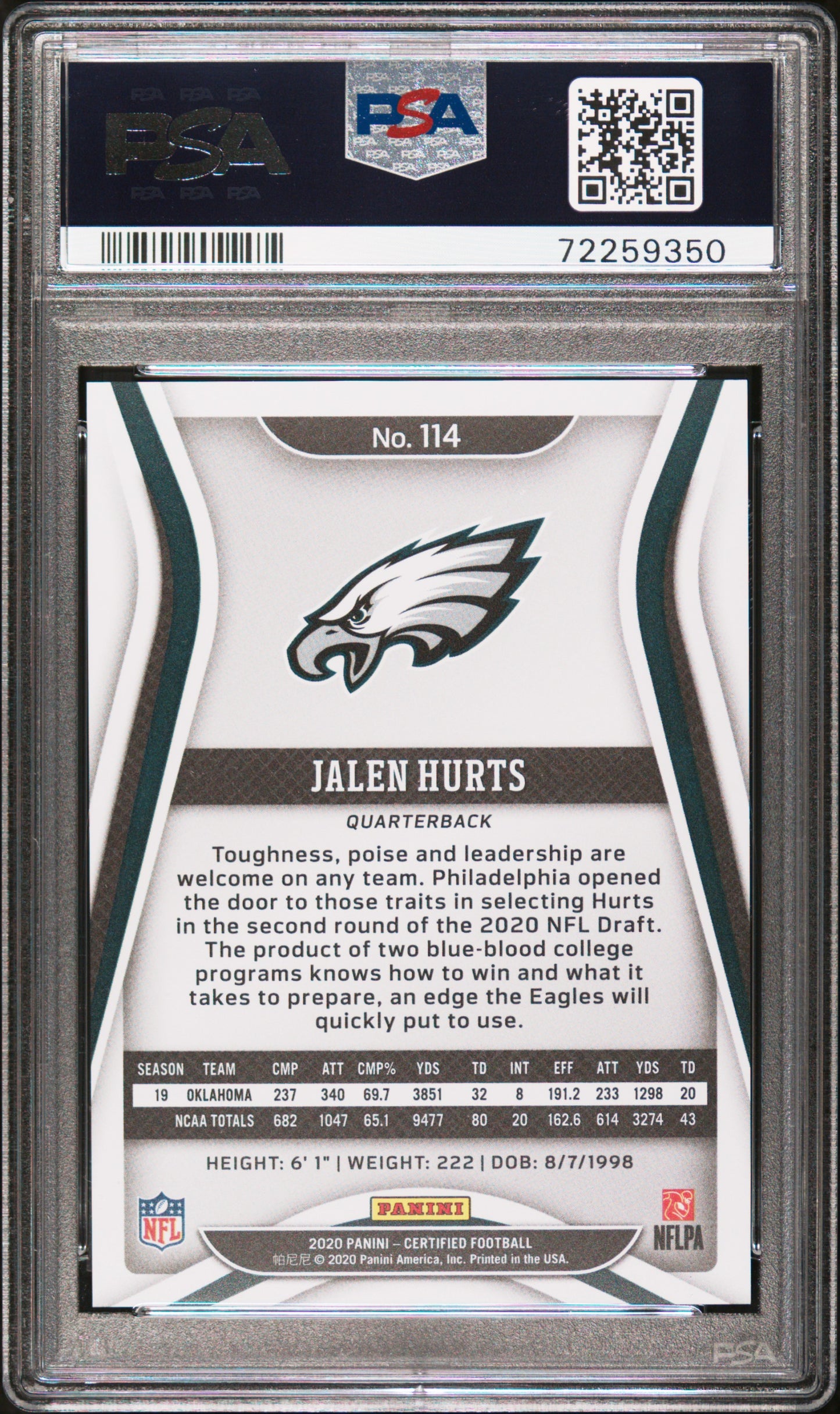 Jalen Hurts 2020 Panini Certified #114 Mirror Orange #12/199 PSA 10 Gem Mint