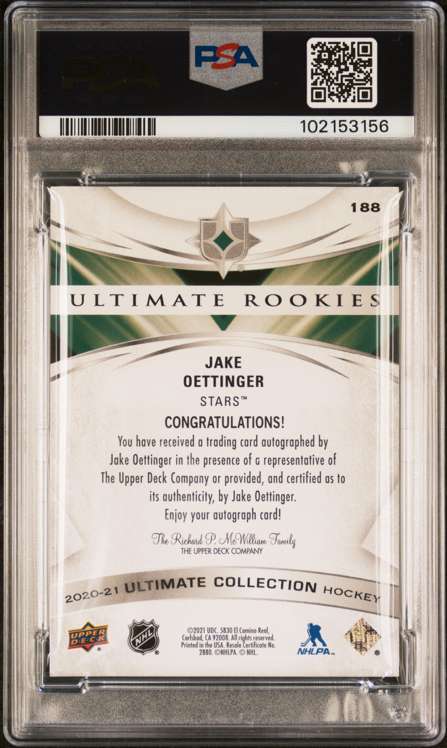 Jake Oettinger 2020 Upper Deck Ultimate Rookie Auto #64/299 PSA 10 Auto 10