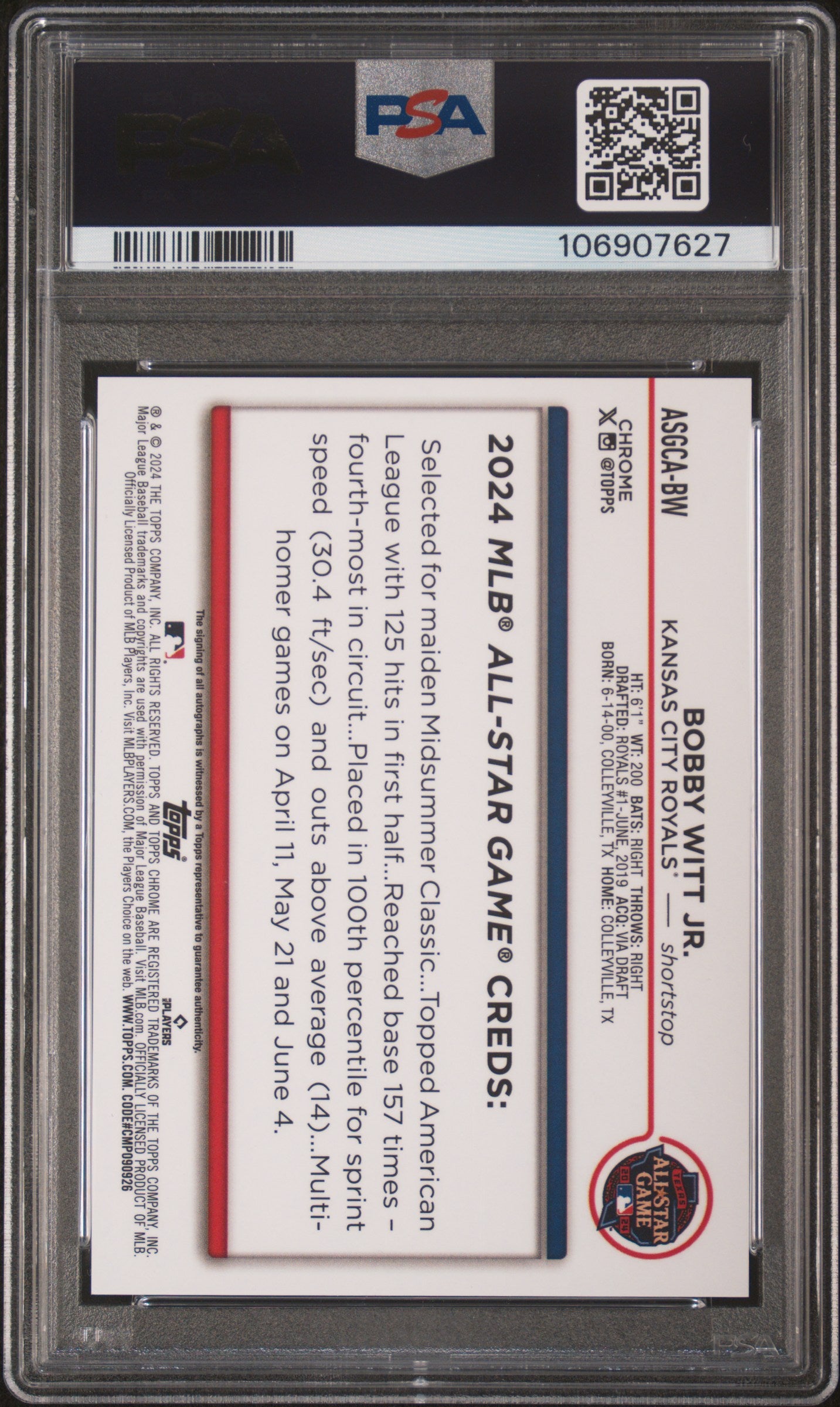 Bobby Witt Jr. 2024 Topps Chrome Update All-Star X-Fractor Auto PSA 10 Auto 10