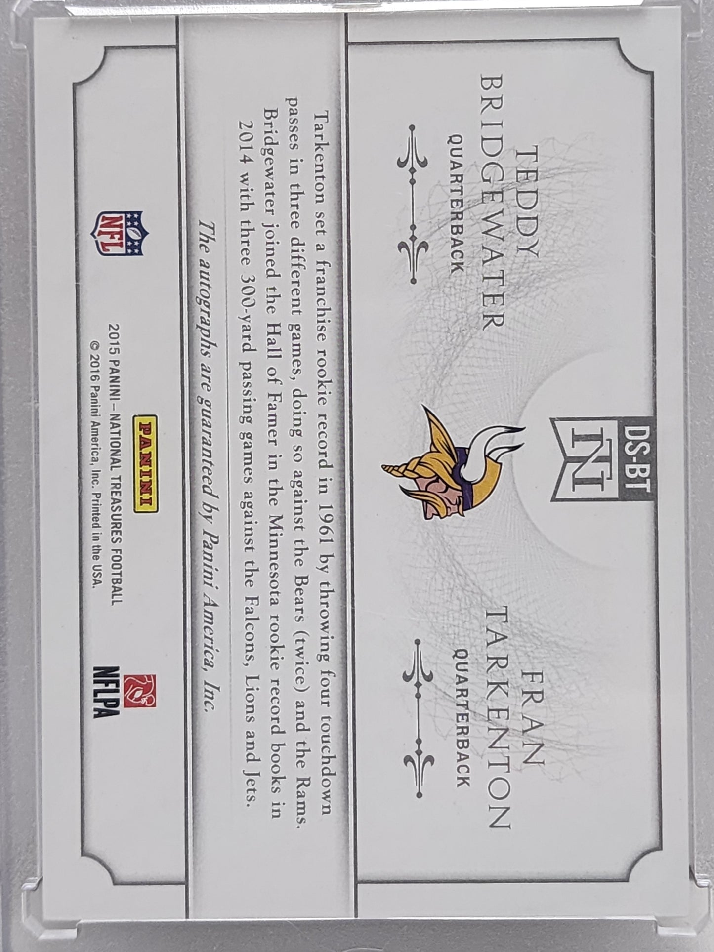 Fran Tarkenton + Teddy Bridgewater 2015 Panini National Treasures Dual Signatures #9/10