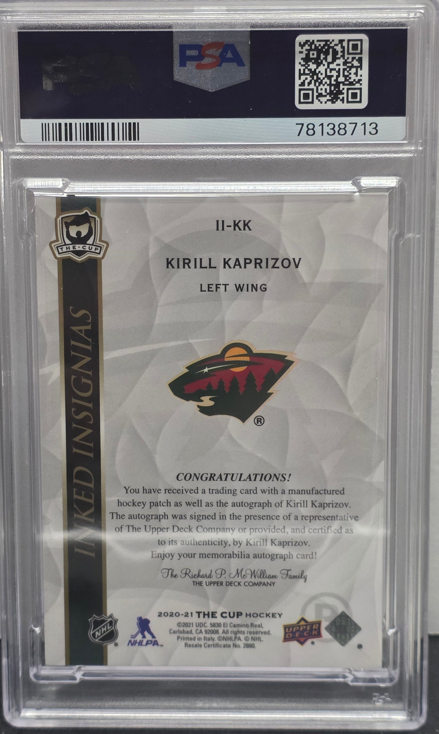 Kirill Kaprizov 2020 Upper Deck The Cup Inked Insignias Patch Auto #31/75 PSA 10 Auto 10