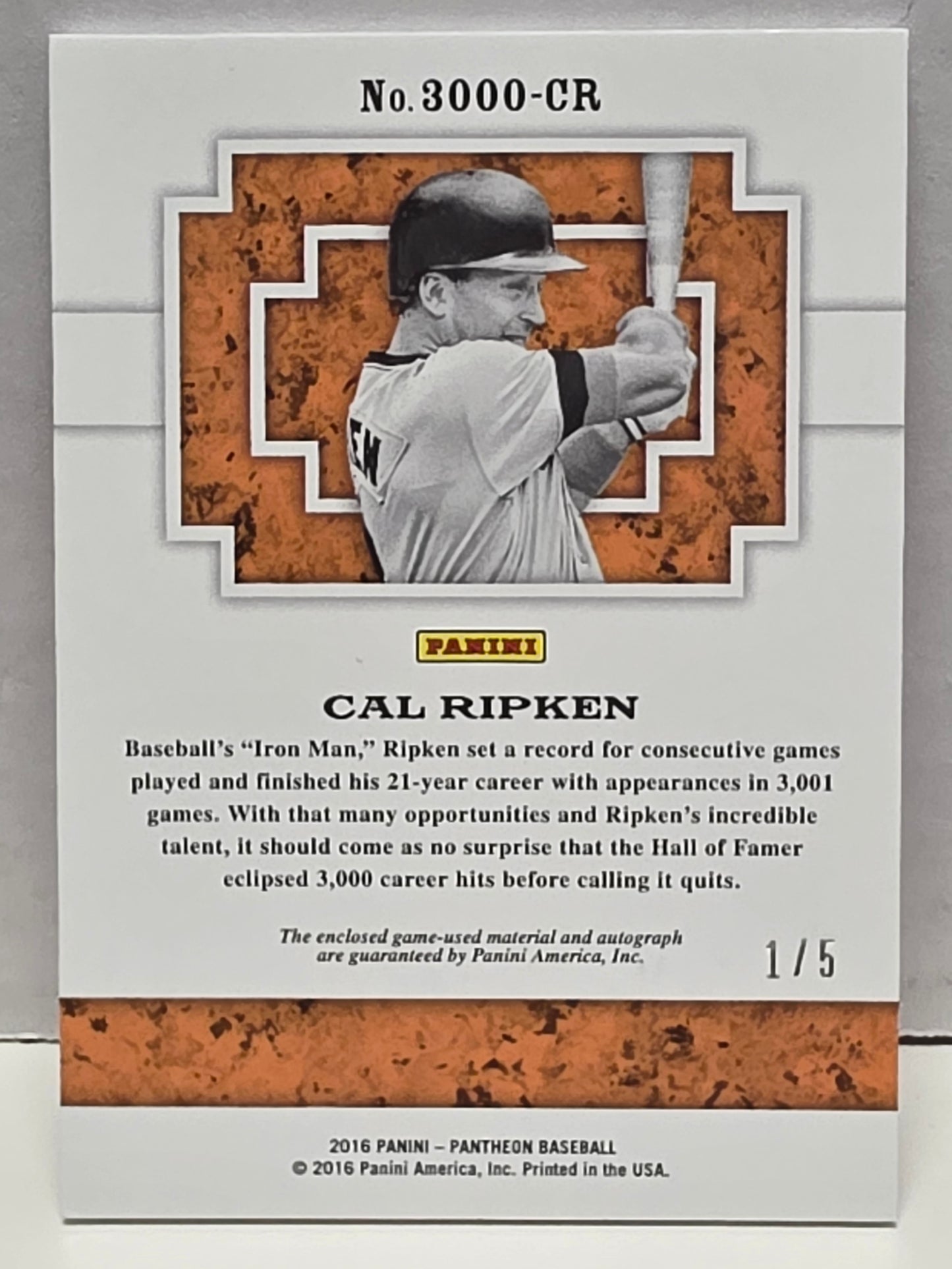 Cal Ripken Jr. 2016 Panini Pantheon Patch Auto #1/5