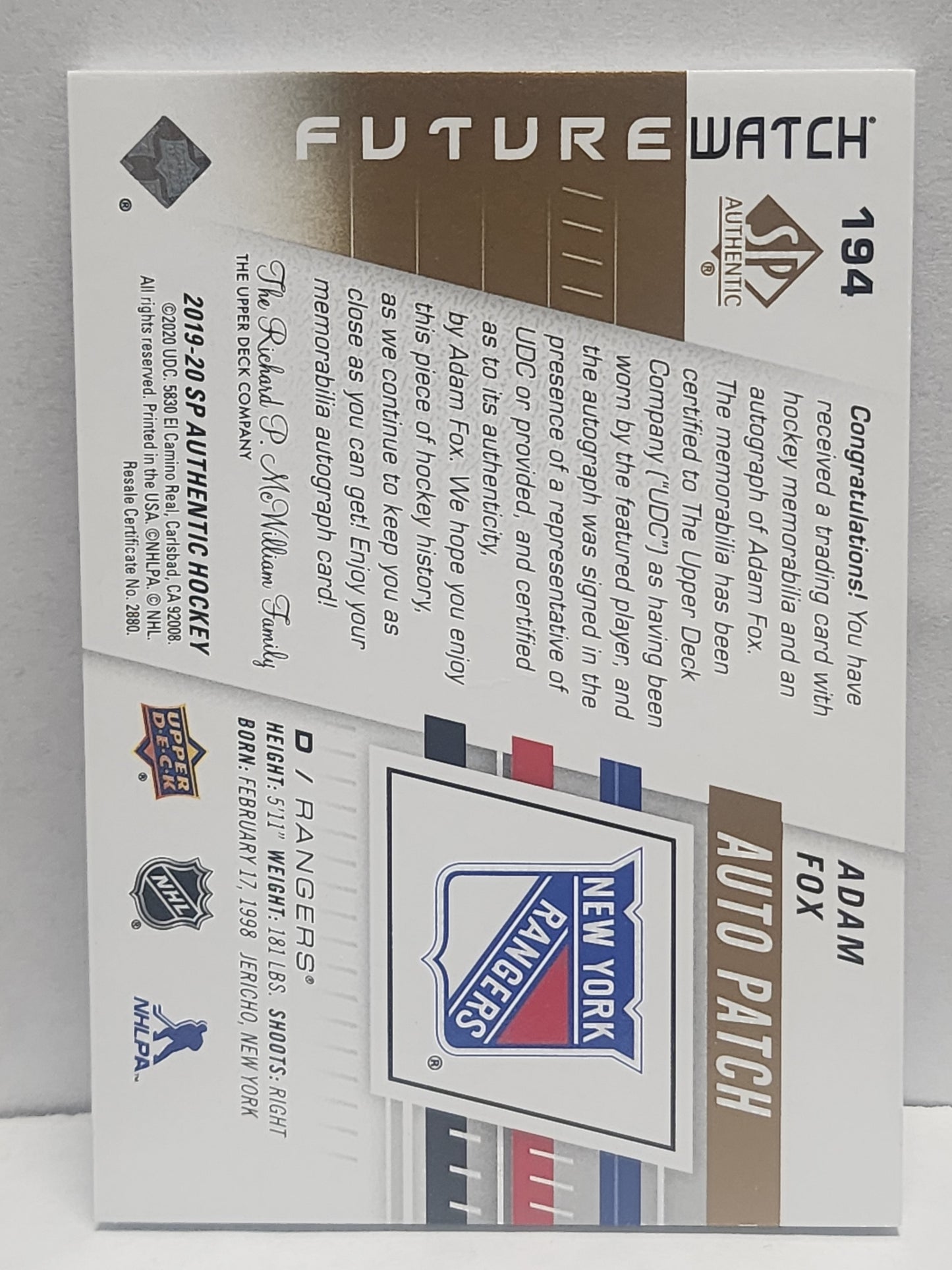 Adam Fox 2019 Upper Deck SP Authentic Rookie Patch Auto #38/100