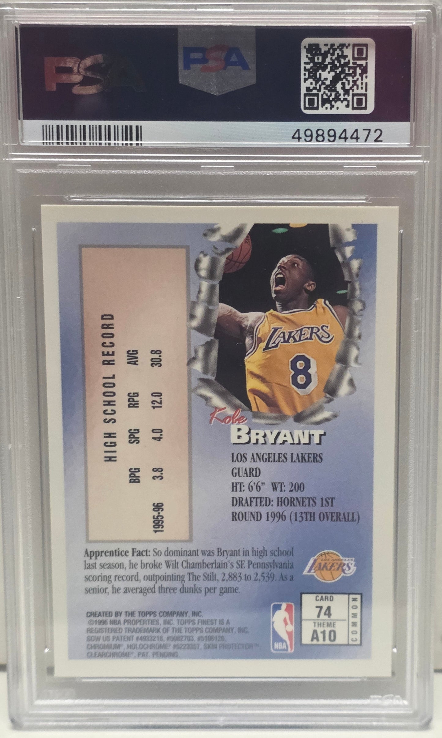 Kobe Bryant 1996 Topps Finest Rookie #74 PSA 9 Mint 4472
