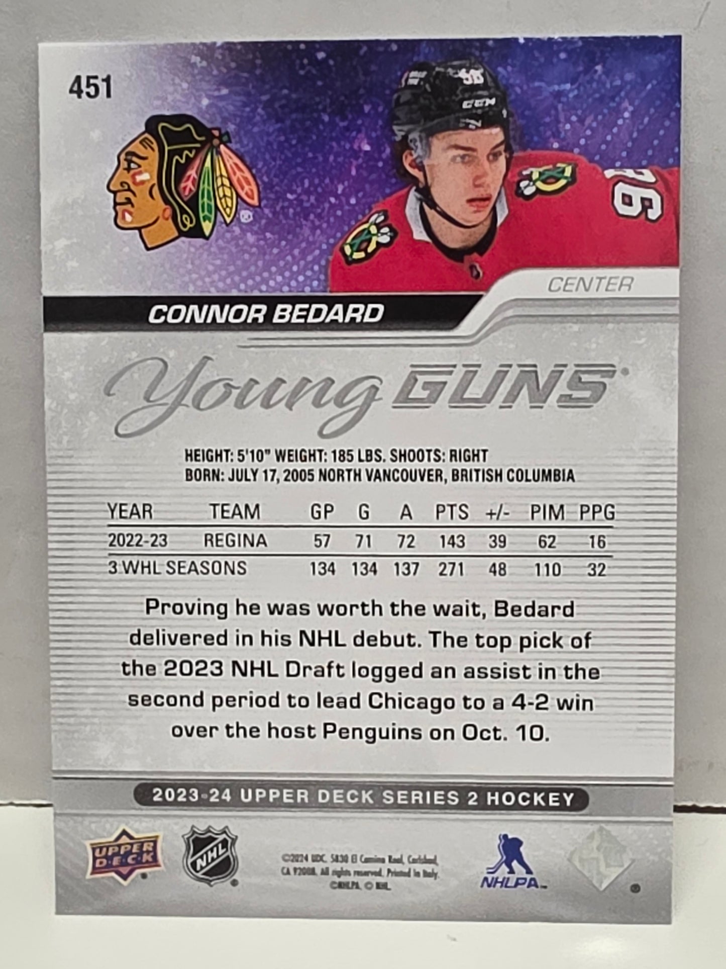 Connor Bedard 2023 Upper Deck Young Guns #451 Rookie