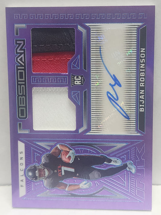 Bijan Robinson 2023 Panini Obsidian Purple Flood Dual Patch Auto #3/30