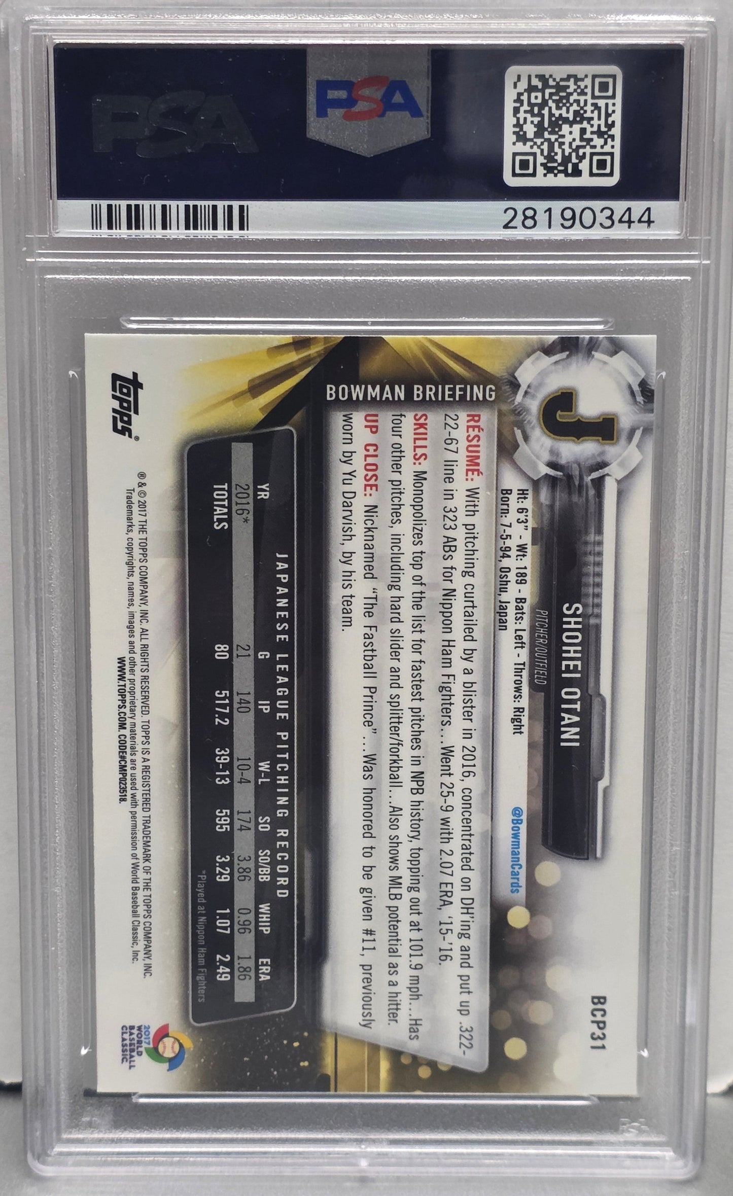 Shohei Ohtani 2017 Bowman Mega Box #BCP31 PSA 10 Gem Mint 0344