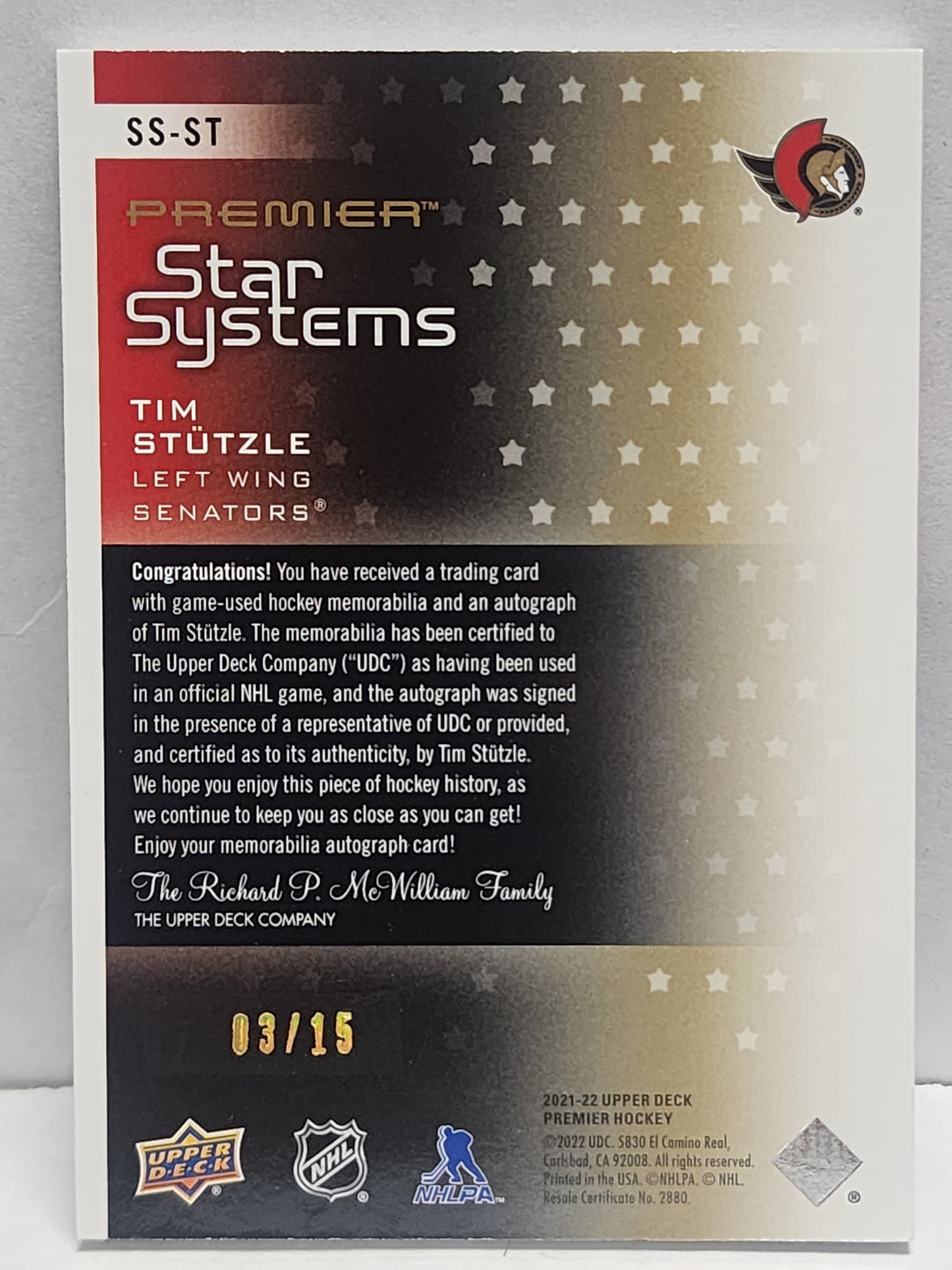 Tim Stutzle 2021 Upper Deck Premier Star Systems Patch Auto #3/15