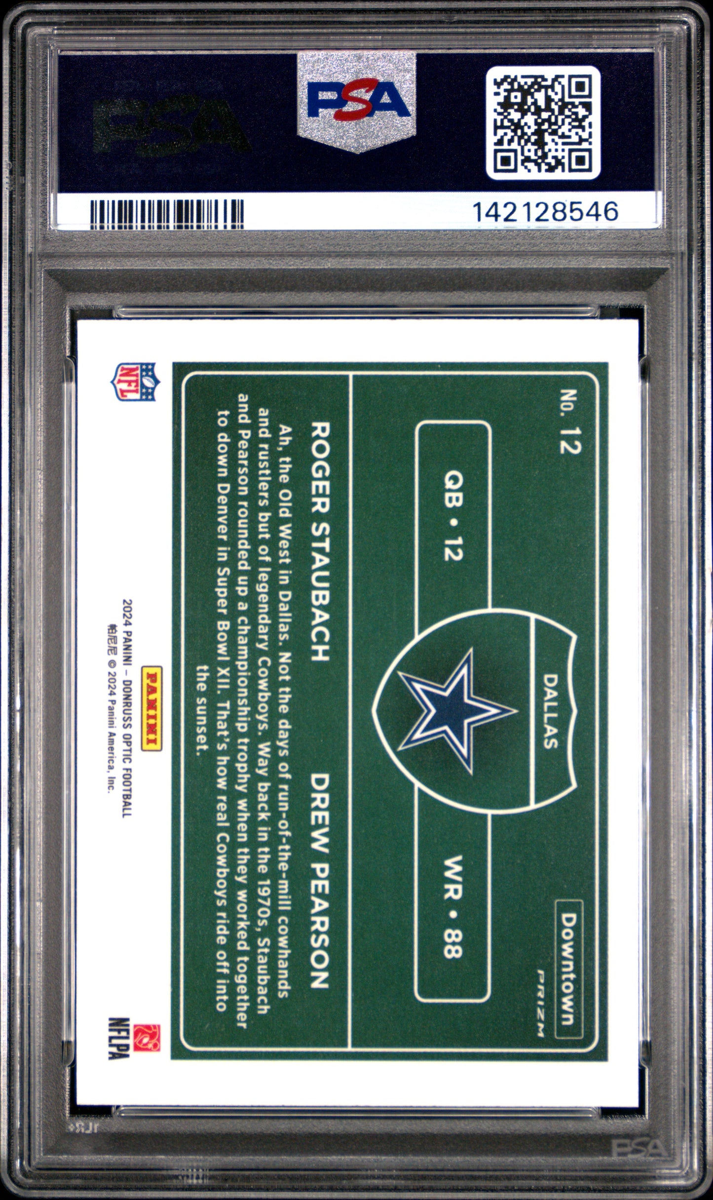 Roger Staubach + Drew Pearson 2024 Donruss Optic Downtown Duos PSA 10 Gem Mint