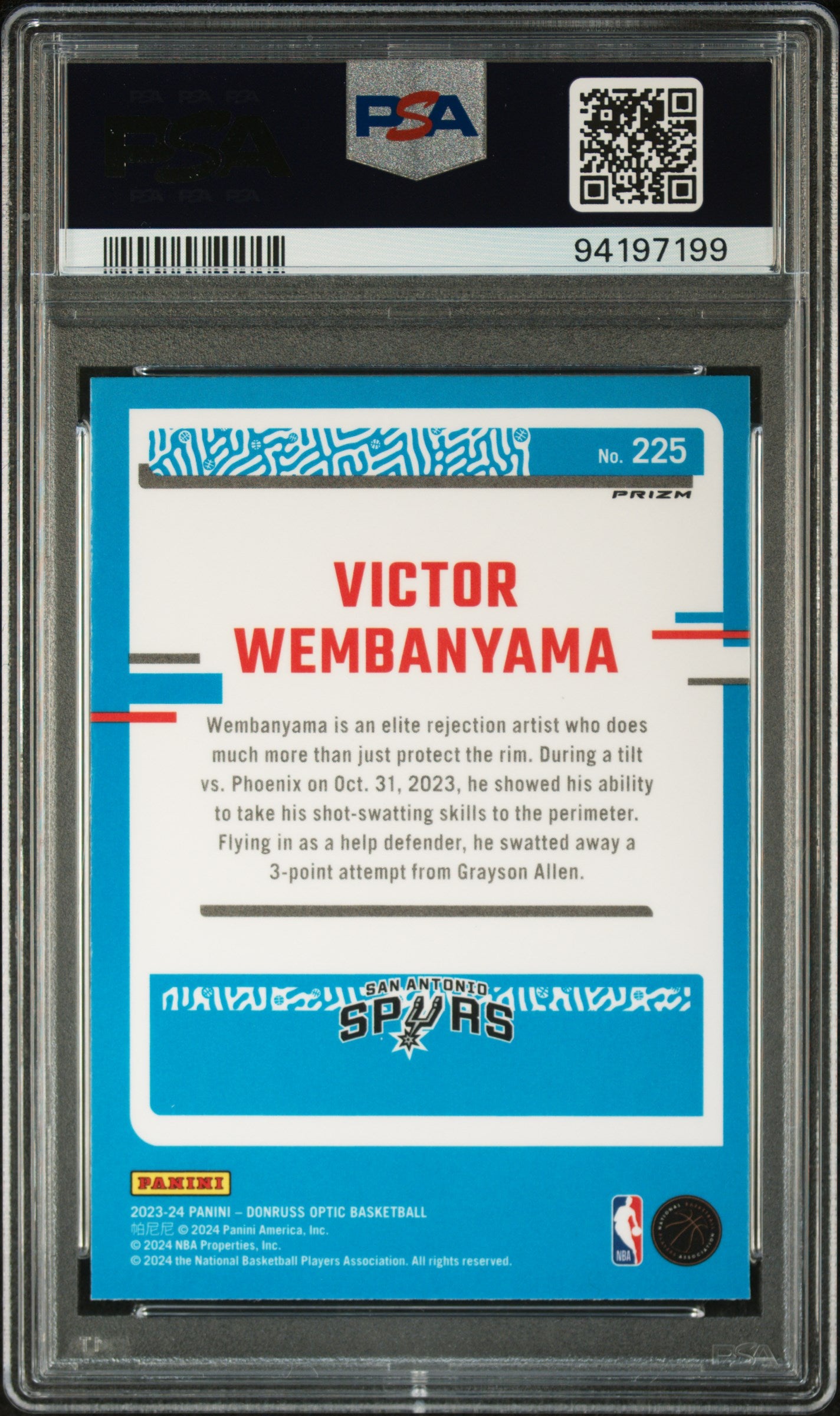 Victor Wembanyama 2023 Donruss Optic Rookie #225 Holo PSA 10 Gem Mint