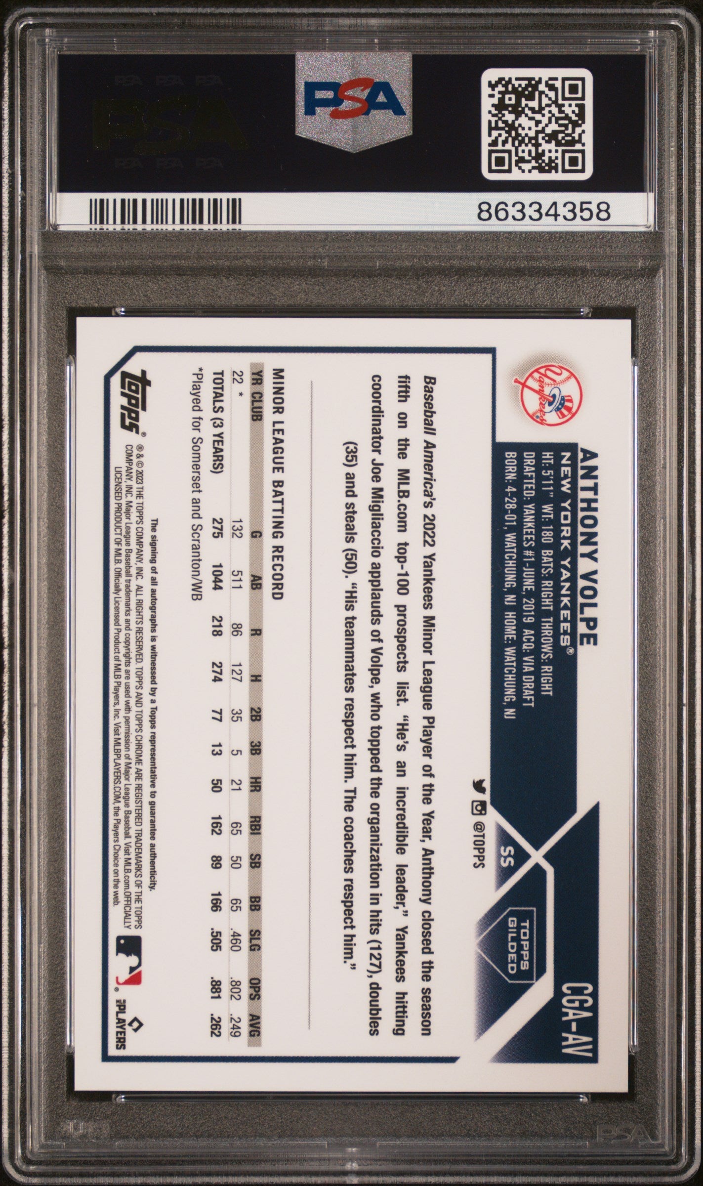 Anthony Volpe 2023 Topps Gilded Collection Gold Etch Auto #36/99 PSA 10 Gem Mint