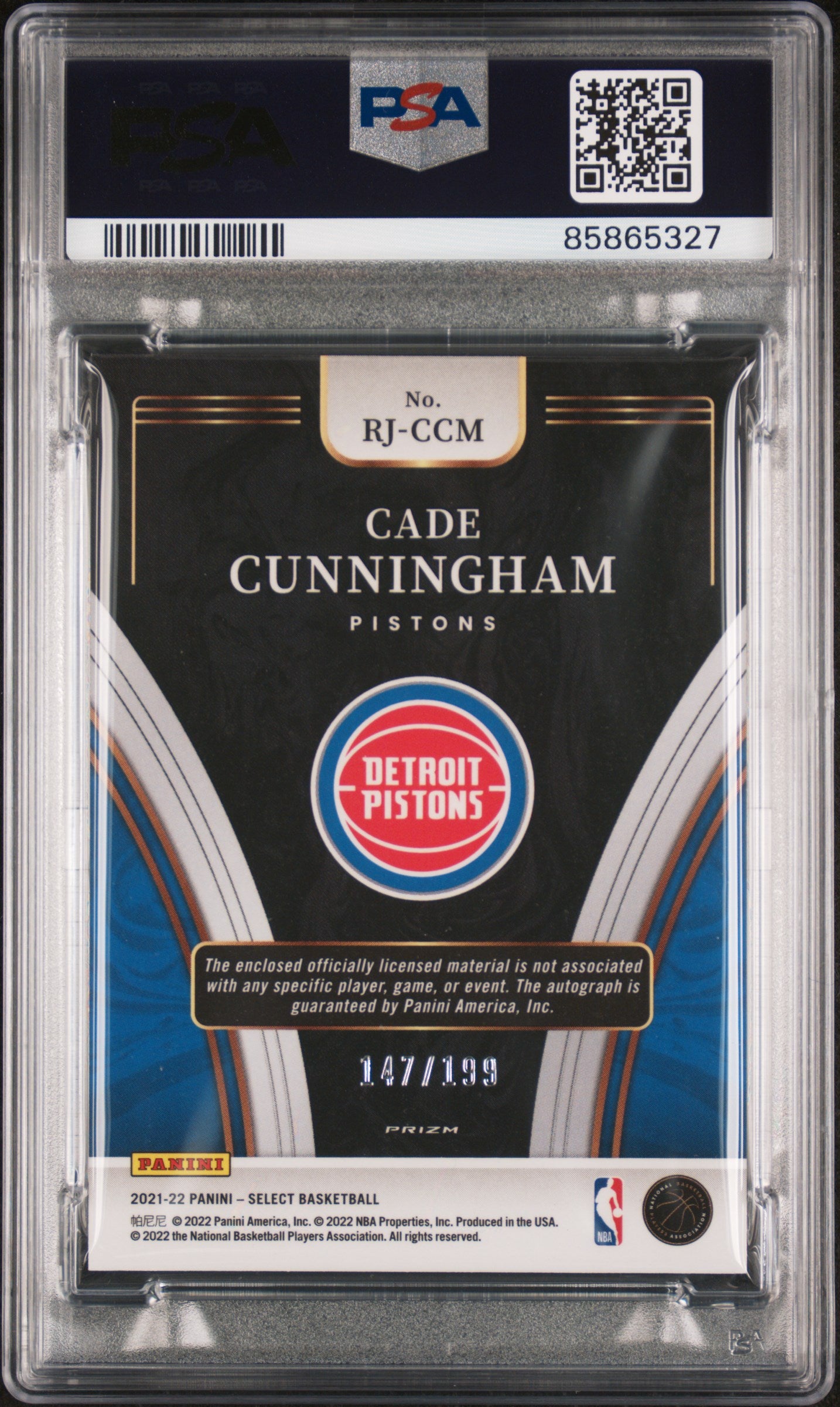 Cade Cunningham 2021 Select Rookie Jersey Auto 147/199 PSA 9 Mint 10 Auto