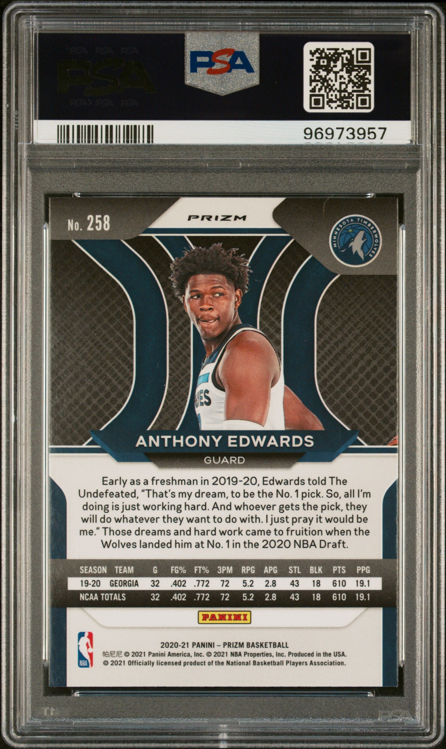 Anthony Edwards 2020 Panini Prizm #258 Silver Prizm PSA 10 Gem Mint 3957