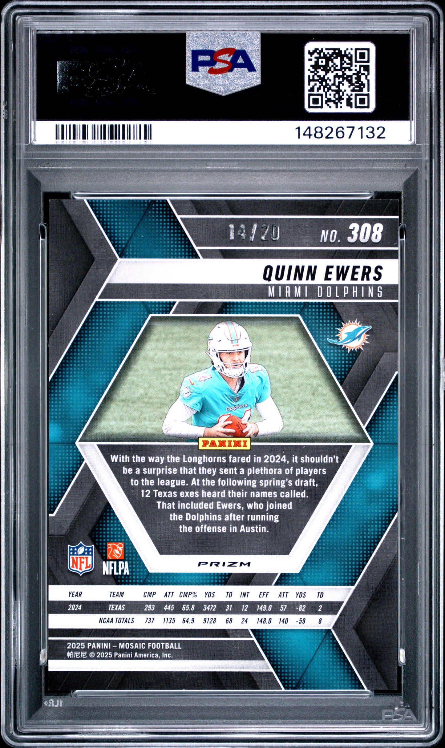 Quinn Ewers 2025 Panini Mosaic Rookie #308 Cherry Blossom Choice #14/20 PSA 10 Gem Mint