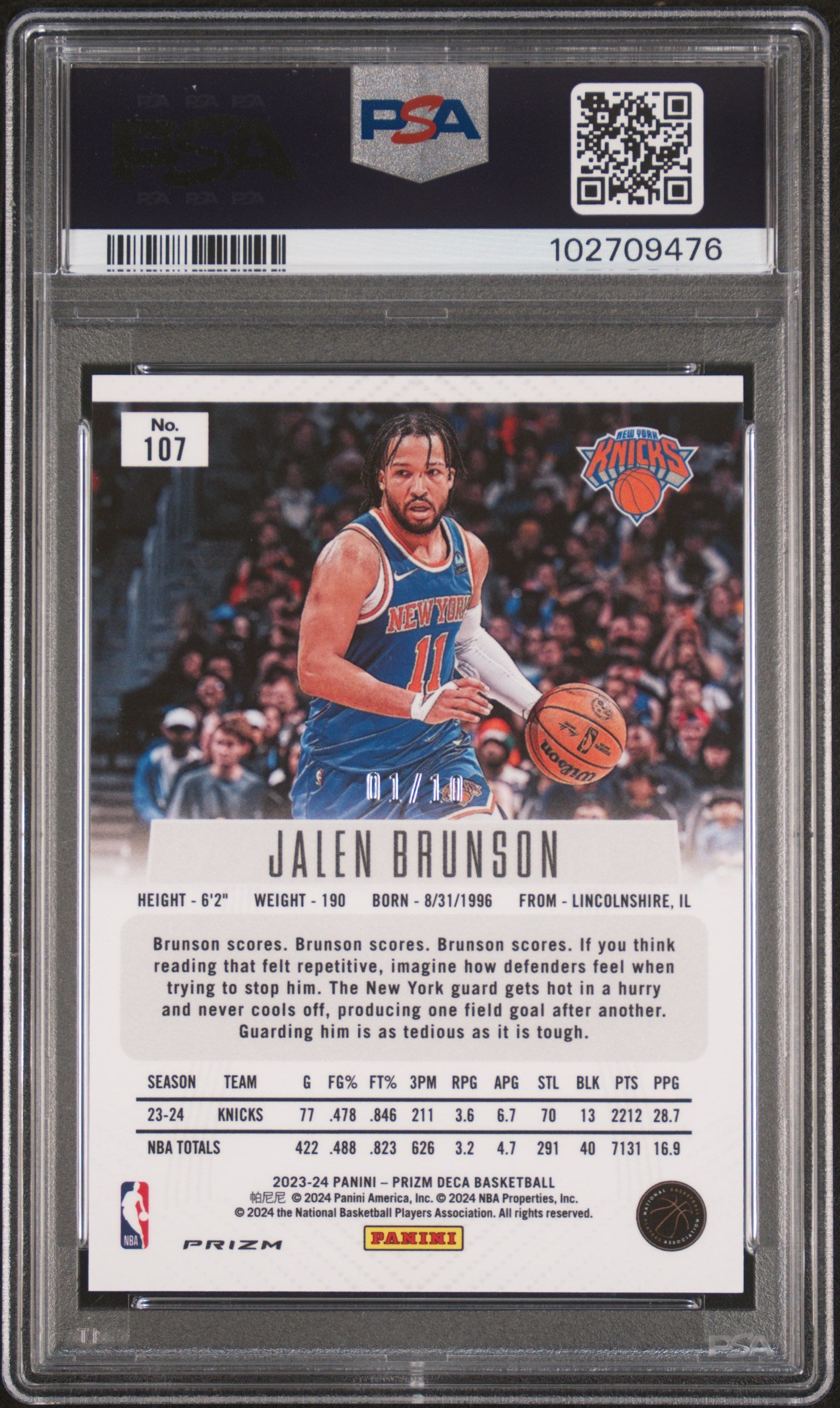 Jalen Brunson 2023 Panini Prizm Deca Gold #1/10 PSA 9 Mint