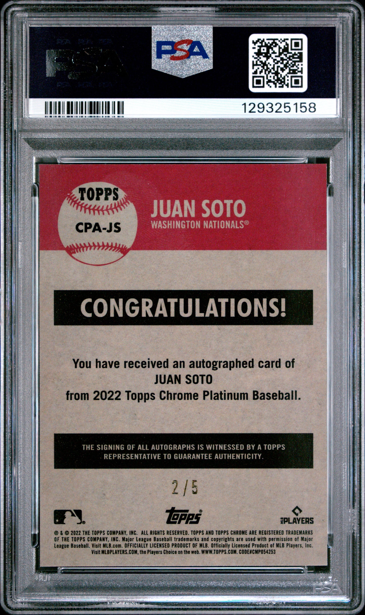 Juan Soto 2022 Topps Platinum Anniversary Red Refractor Auto #2/5 PSA 9 Mint