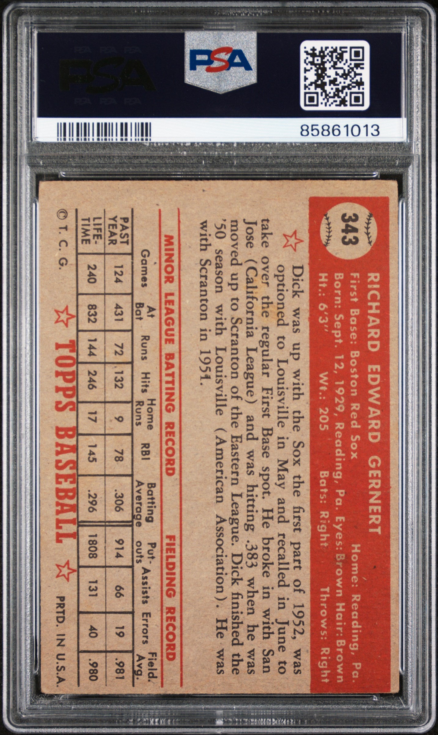 Dick Gernert 1952 Topps #343 PSA 3