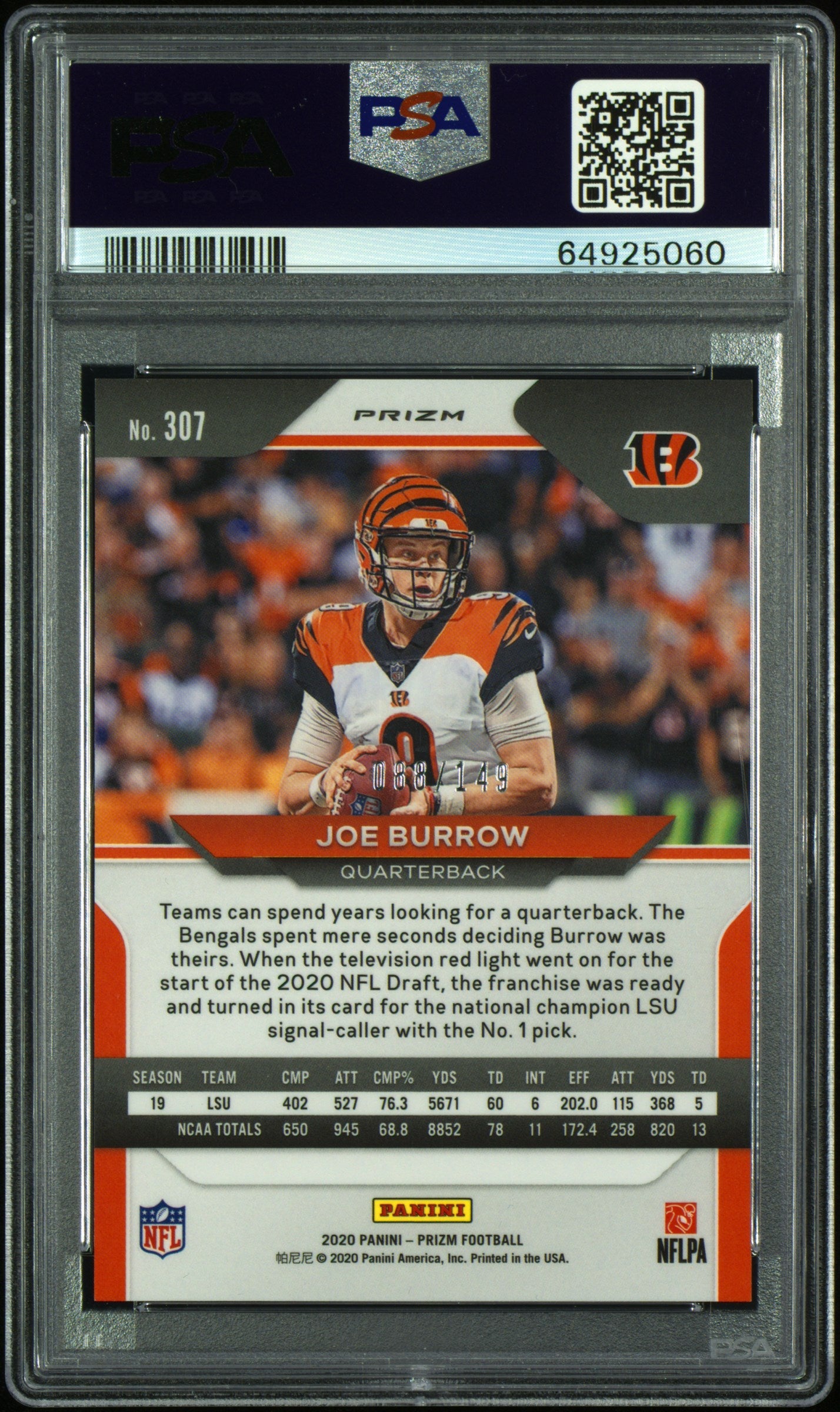 Joe Burrow 2020 Panini Prizm #307 Red Wave Rookie #88/149 PSA 10 Gem Mint