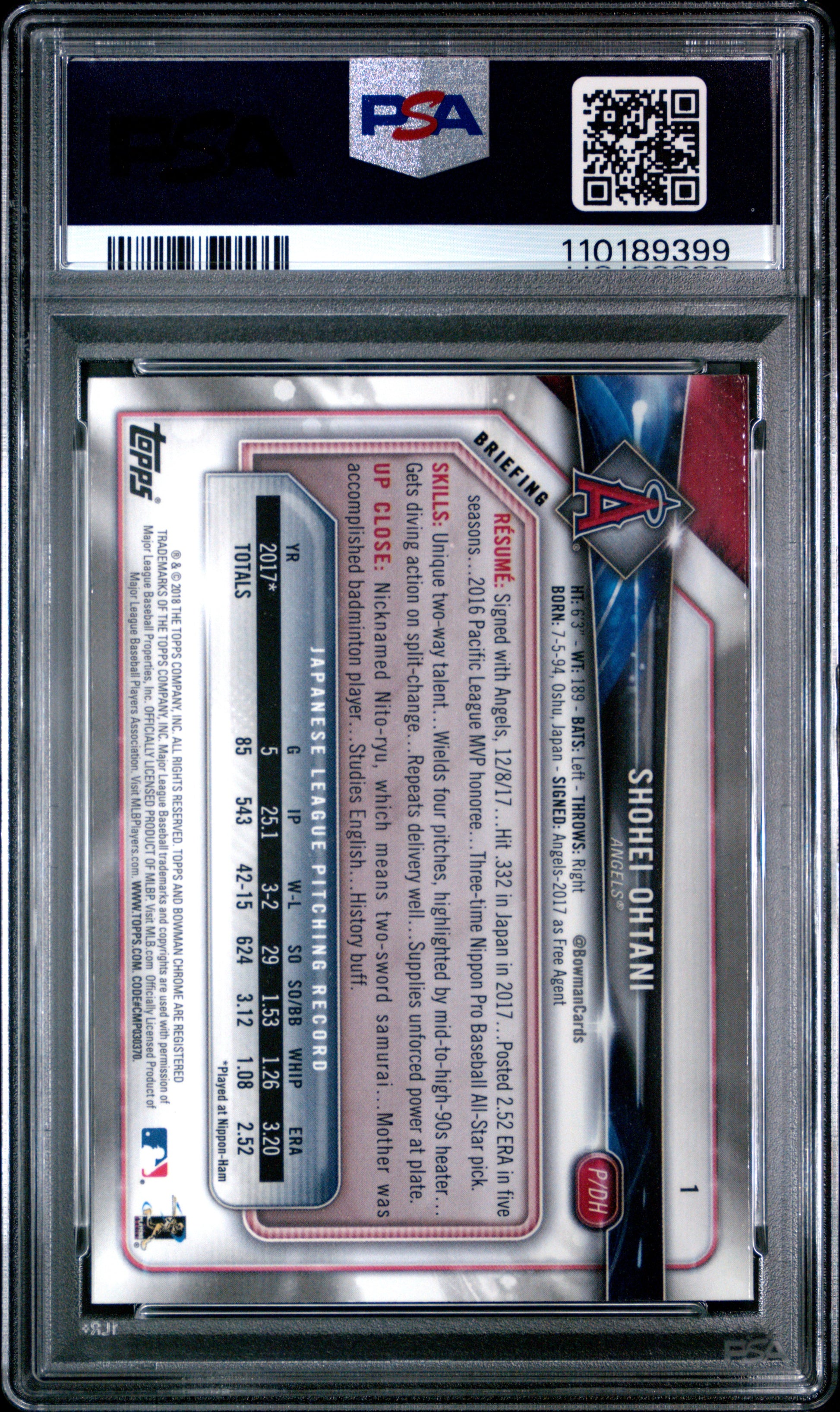 Shohei Ohtani 2018 Bowman Chrome #1 RC PSA 9 Mint 9399