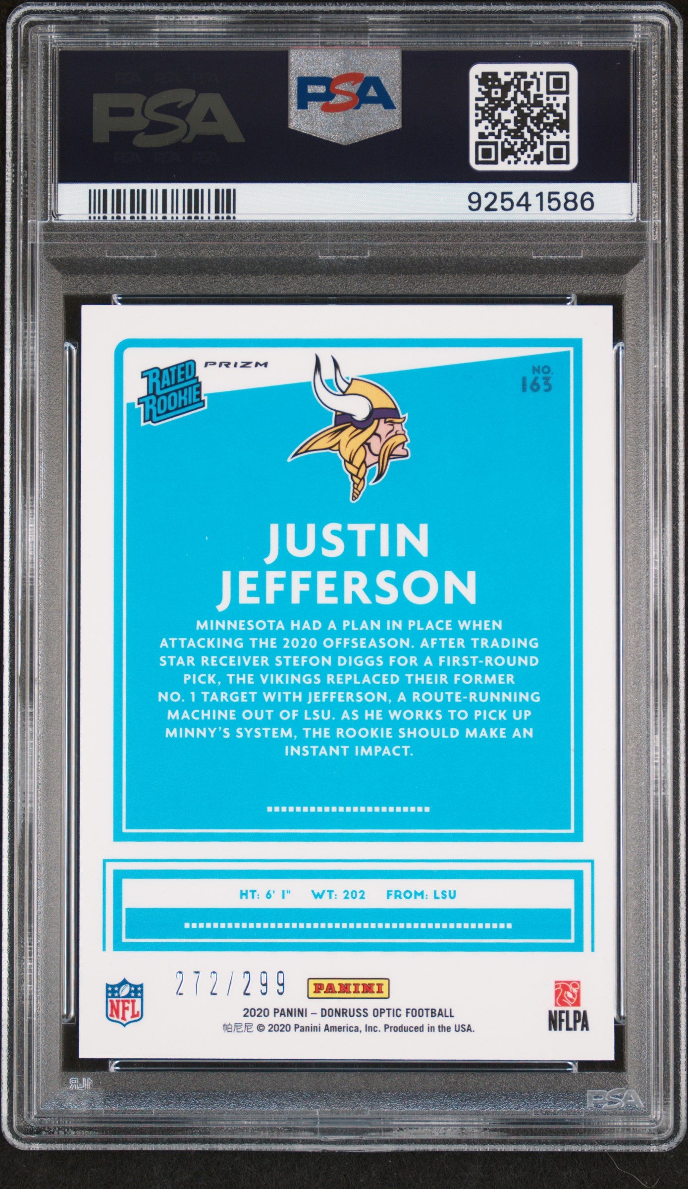 Justin Jefferson 2020 Panini Optic #163 Aqua #272/299 PSA 10 Gem Mint