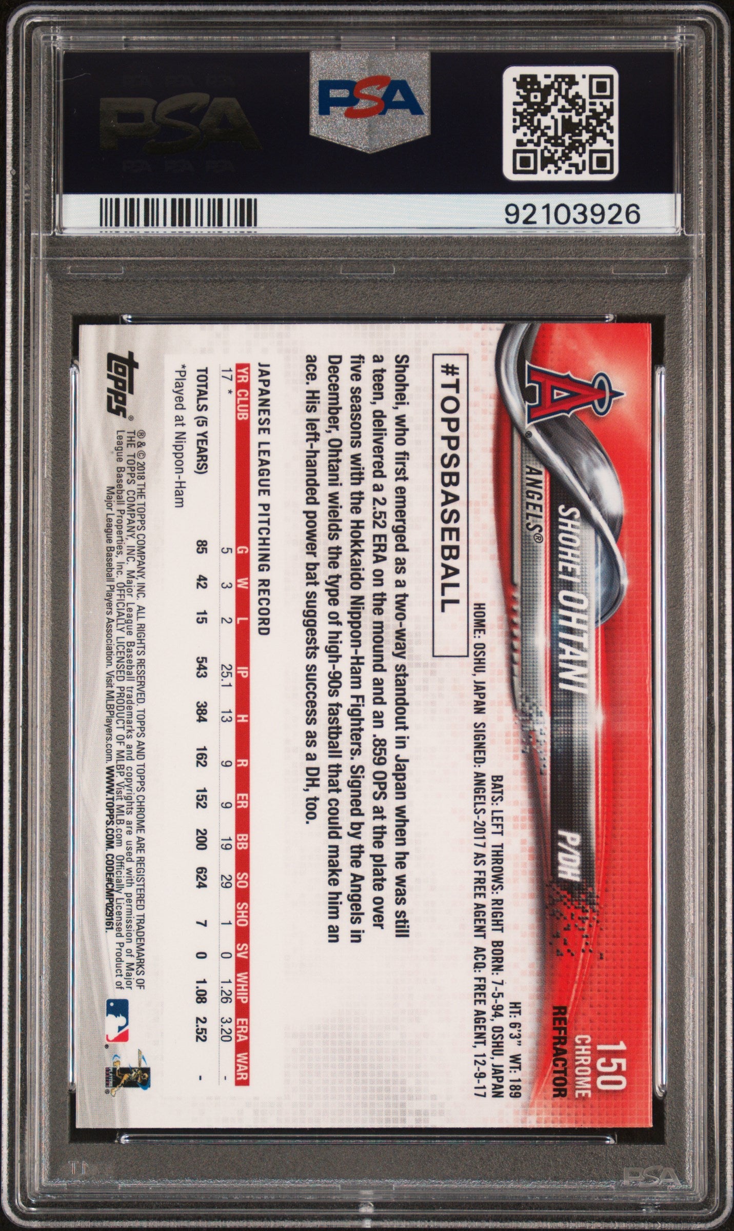 Shohei Ohtani 2018 Topps Chrome Refractor Rookie #150 PSA 10 Gem Mint 3926