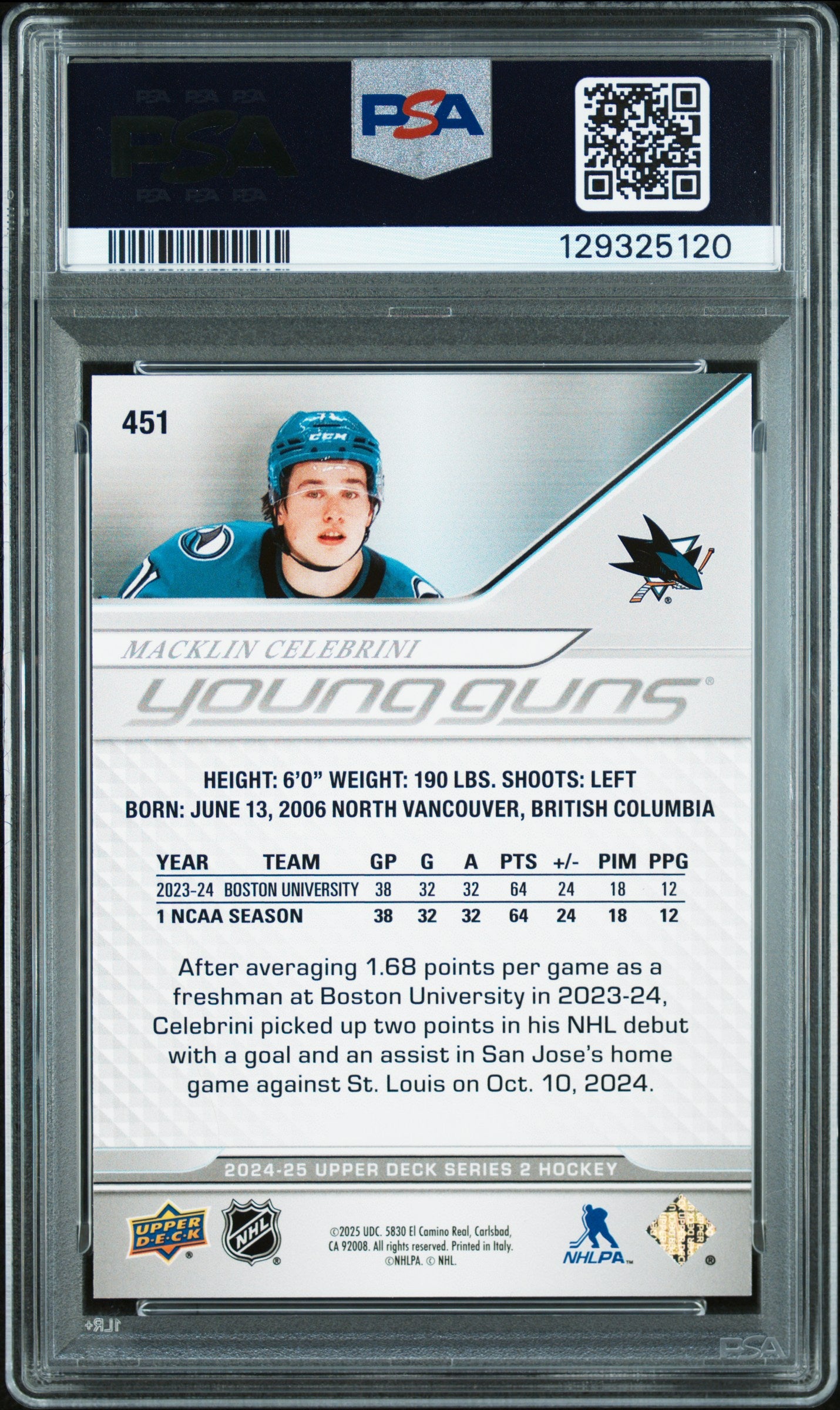 Macklin Celebrini 2024 Upper Deck Rookie #451 PSA 9 Mint 5120