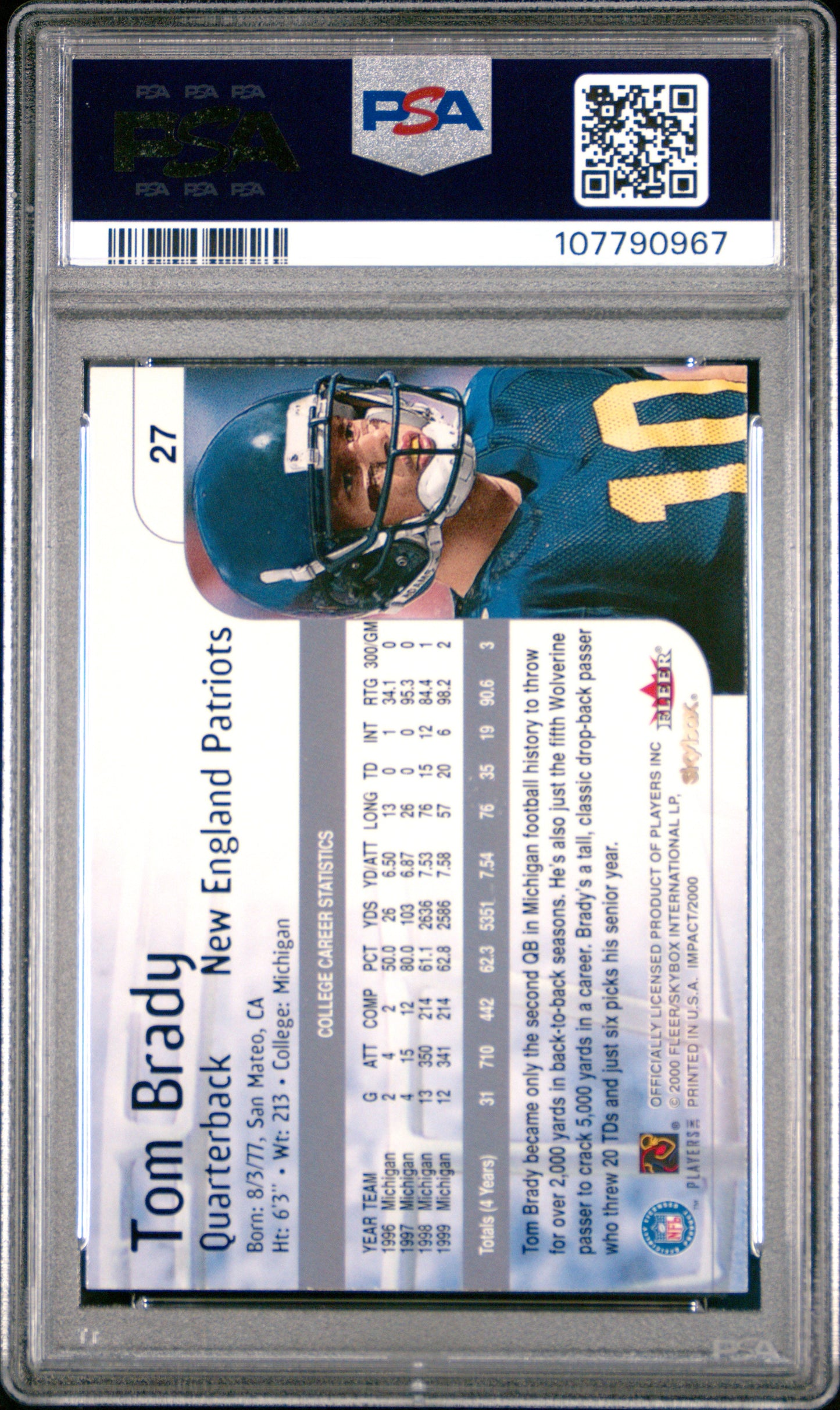 Tom Brady 2000 Skybox Impact Rookie #27 PSA 8 Nm-Mint