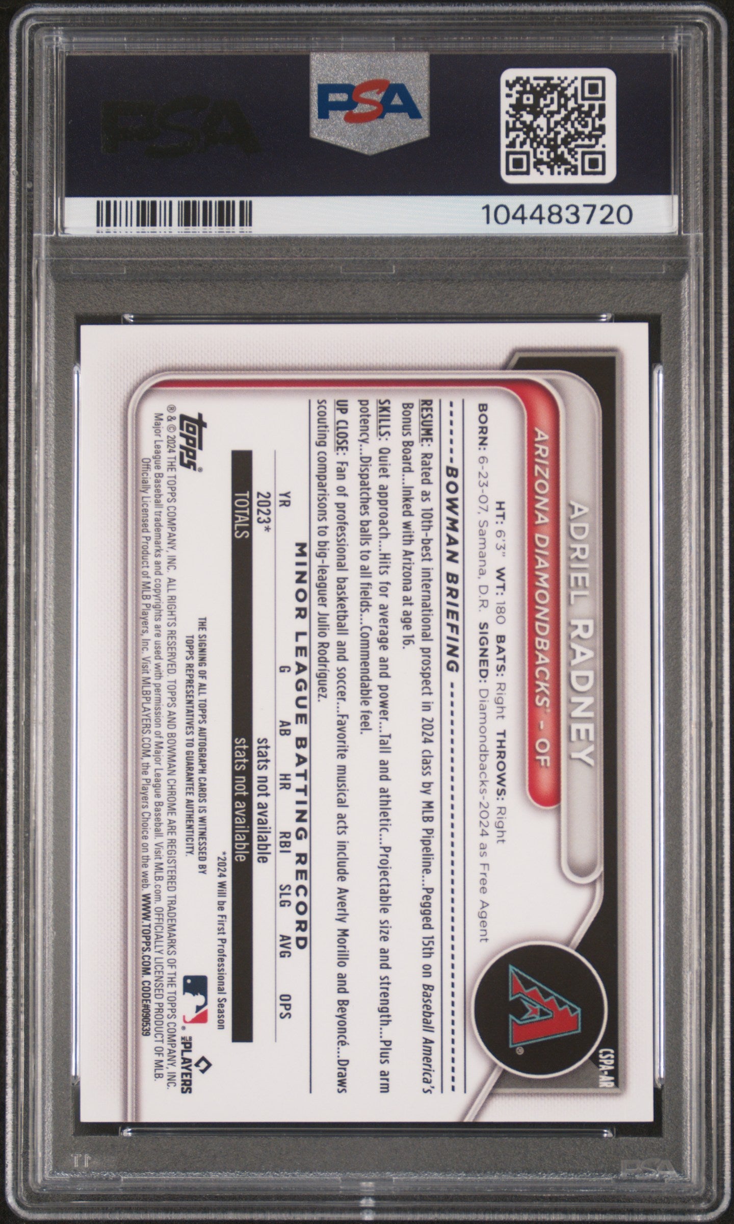 Adriel Radney 2024 Bowman Chrome Sapphire Padparadscha 1/1 PSA 9 Auto 10