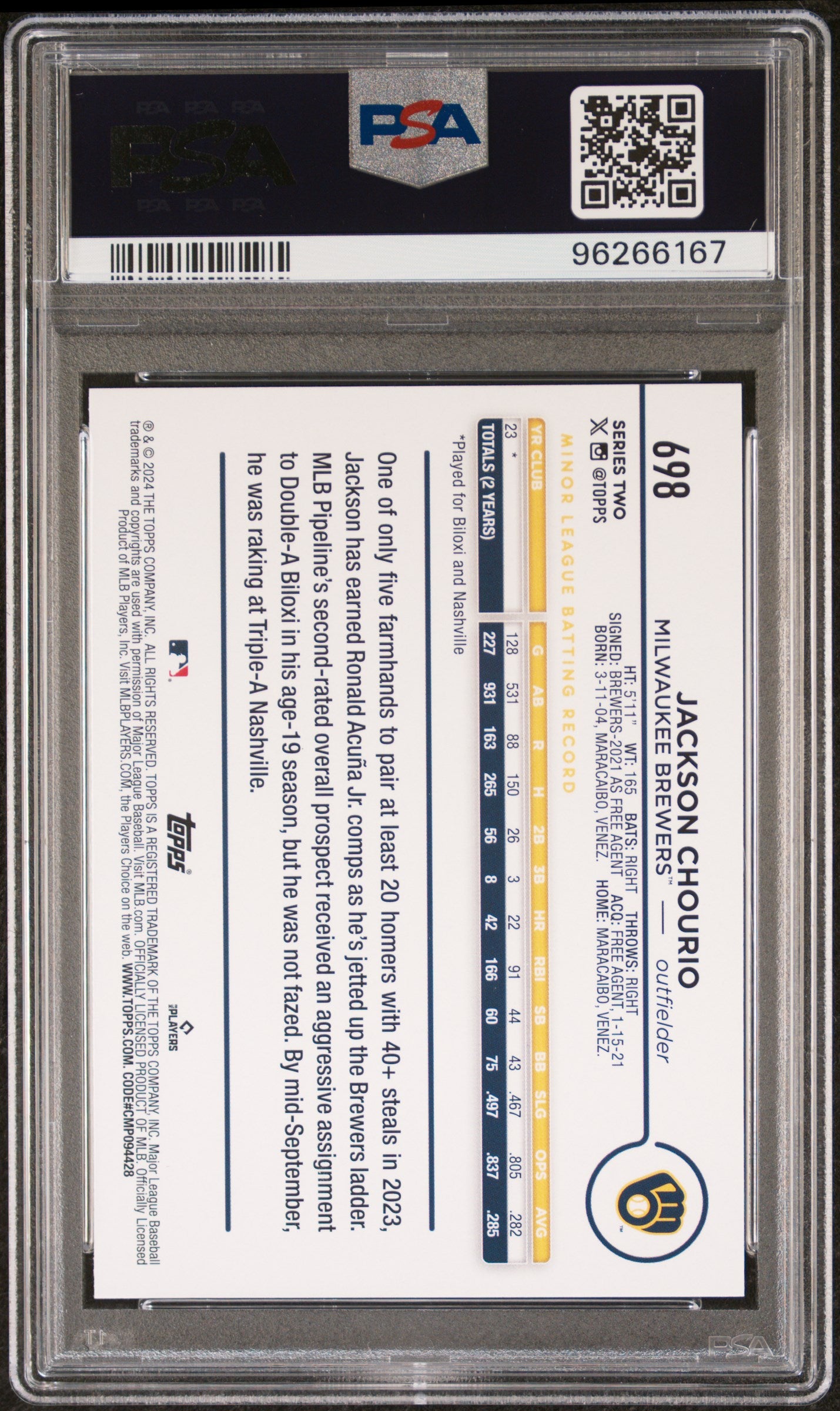 Jackson Chourio 2024 Topps #698 PSA 10 Gem Mint
