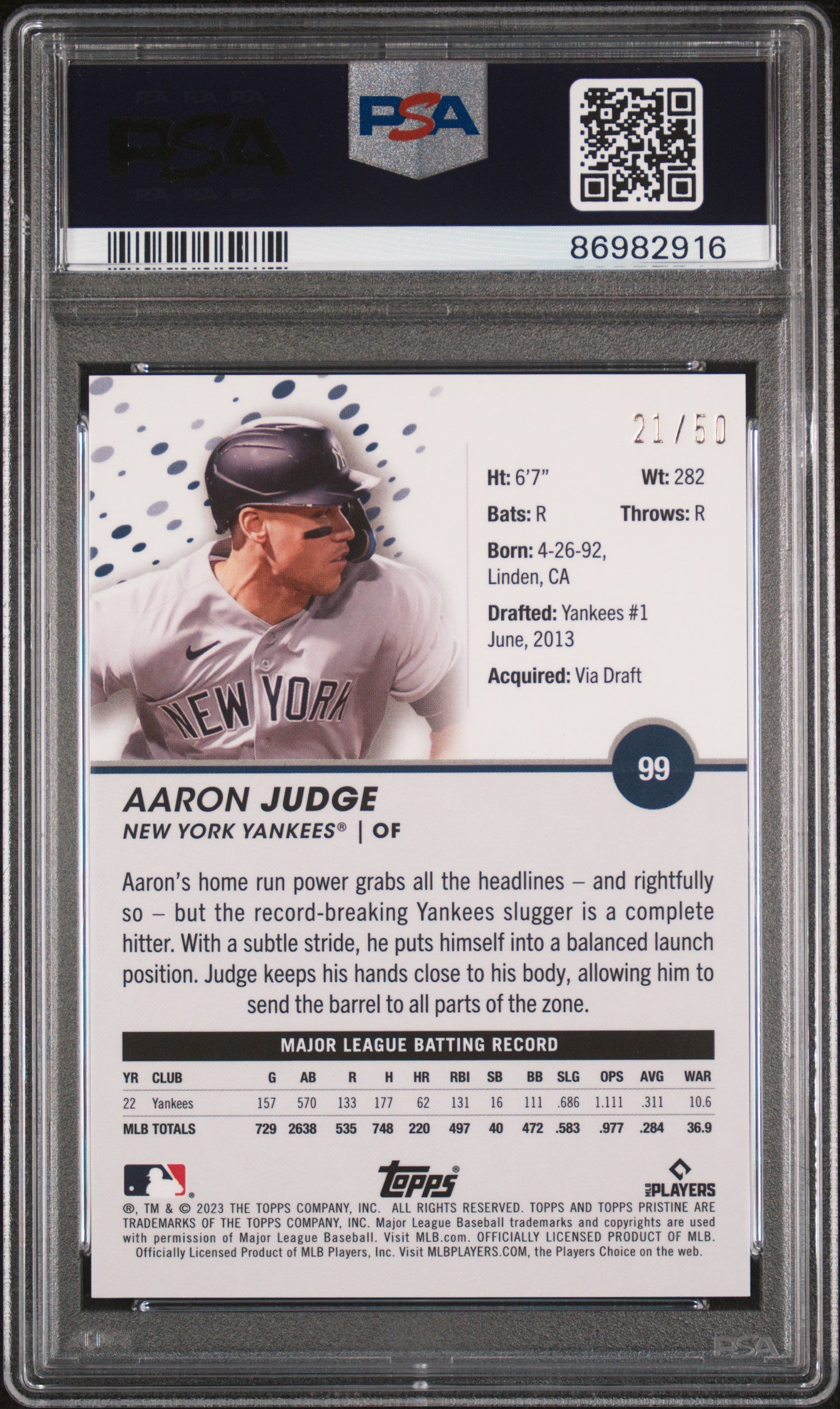 Aaron Judge 2023 Topps Pristine Gold Refractor #21/50 PSA 10 Gem Mint